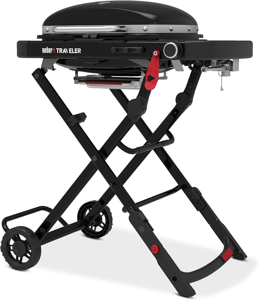 Weber - Traveler Compact - 52x36 cm - barbecue gaz pliable portable, 1 brûleur, thermomètre intégré