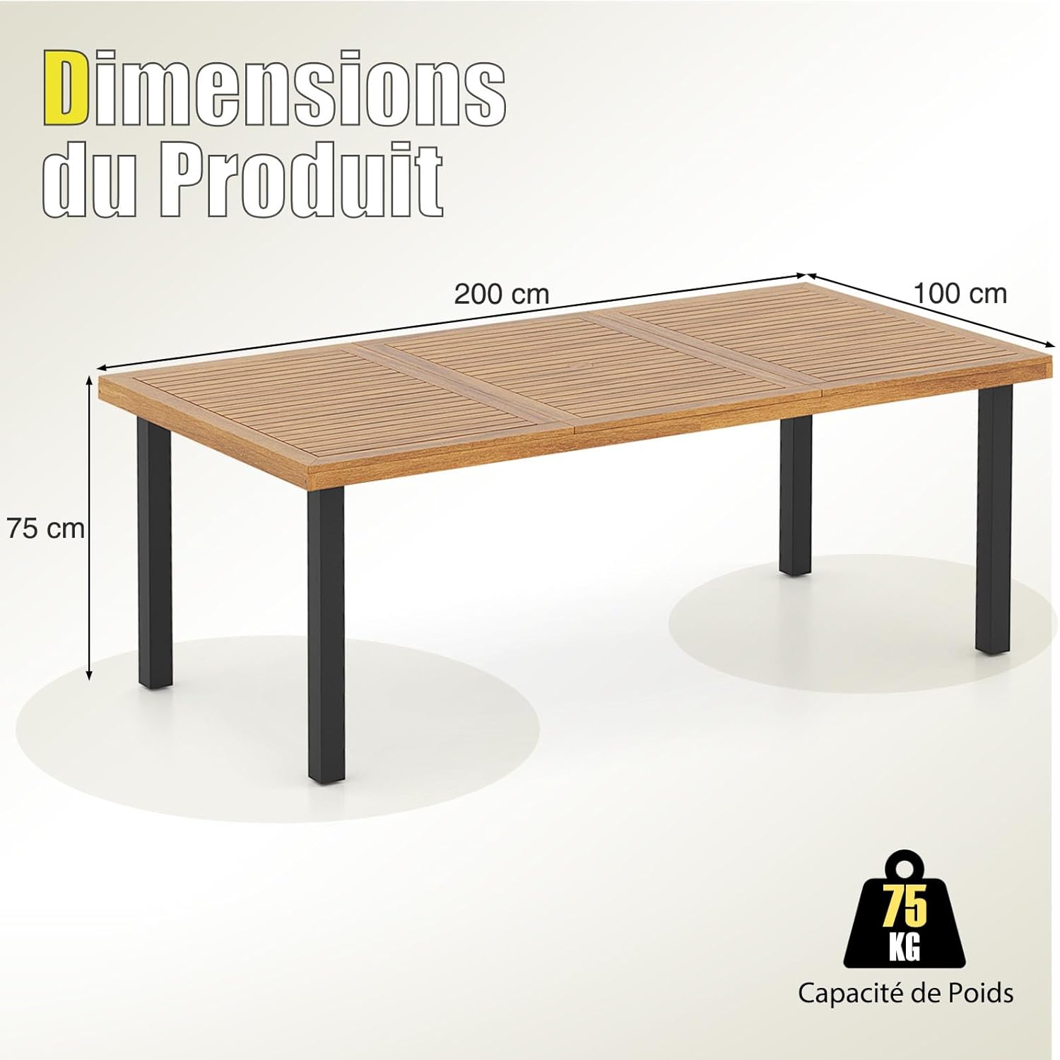 COSTWAY - table de jardin 200 cm - 8 pers. acacia métal, trou parasol