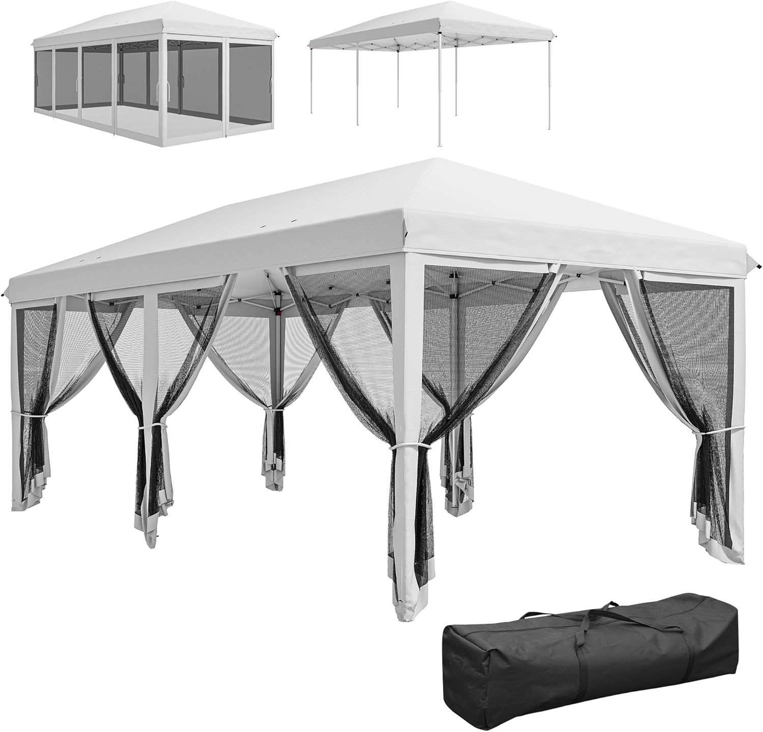 Outsunny Tonnelle Pliante tonnelle de Jardin extérieure Barnum Pliant Pop-up pavillon de terrasse 6 x 3 m Anti-UV moustiquaires Amovibles + Sac de Transport Blanc