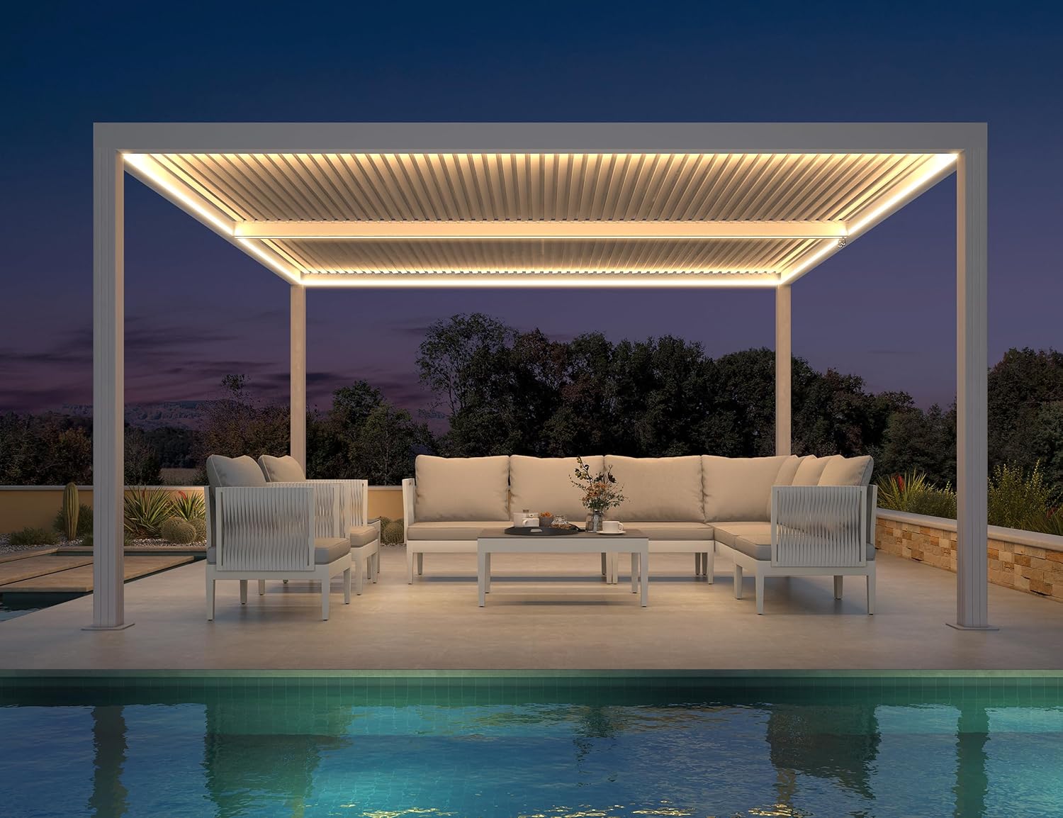 PURPLE LEAF - Pergola bioclimatique 4,24x3m - alu, LED, gouttières, blanc