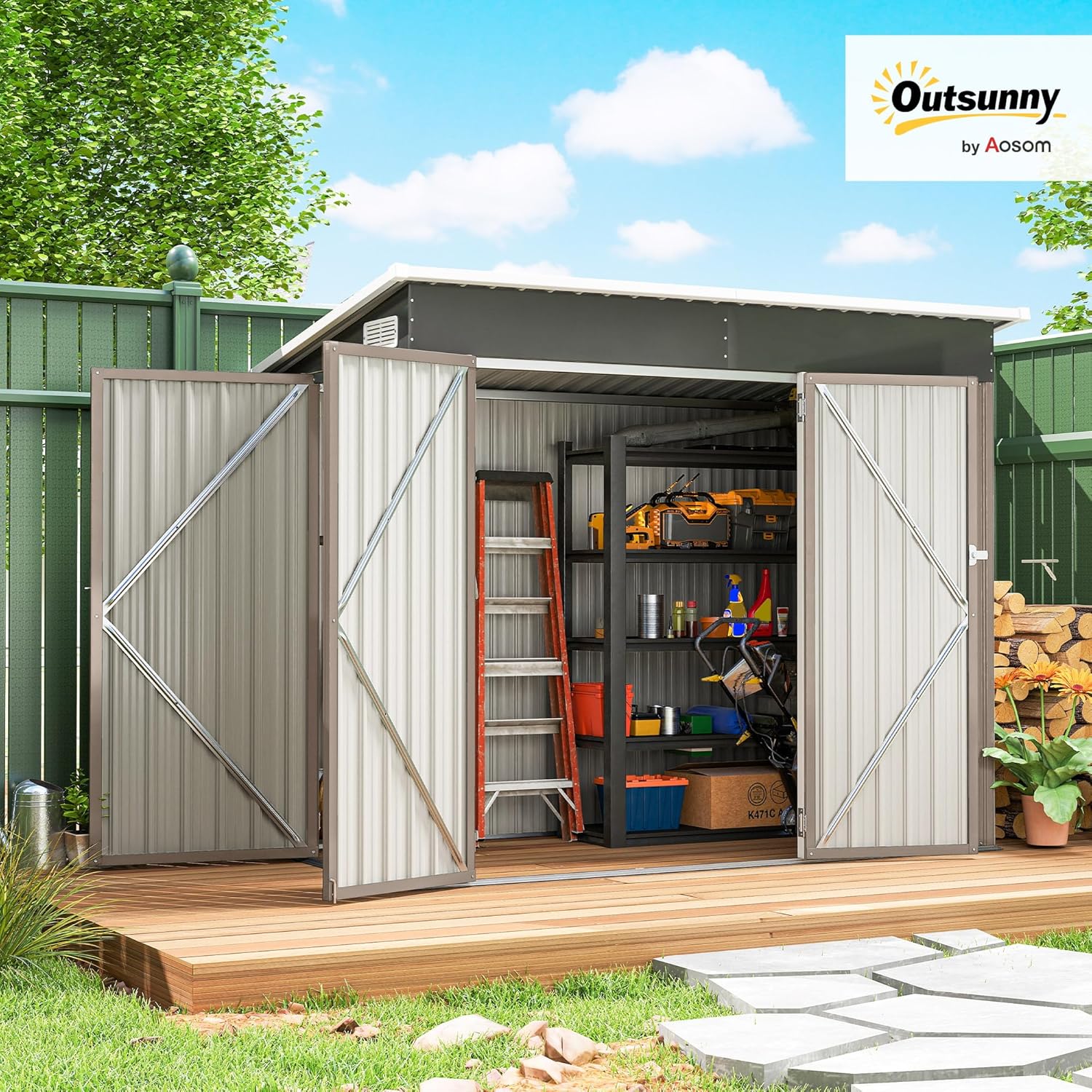 Outsunny - Abri de jardin métal - 234x132x185 cm - triple porte, toit incliné, aérations