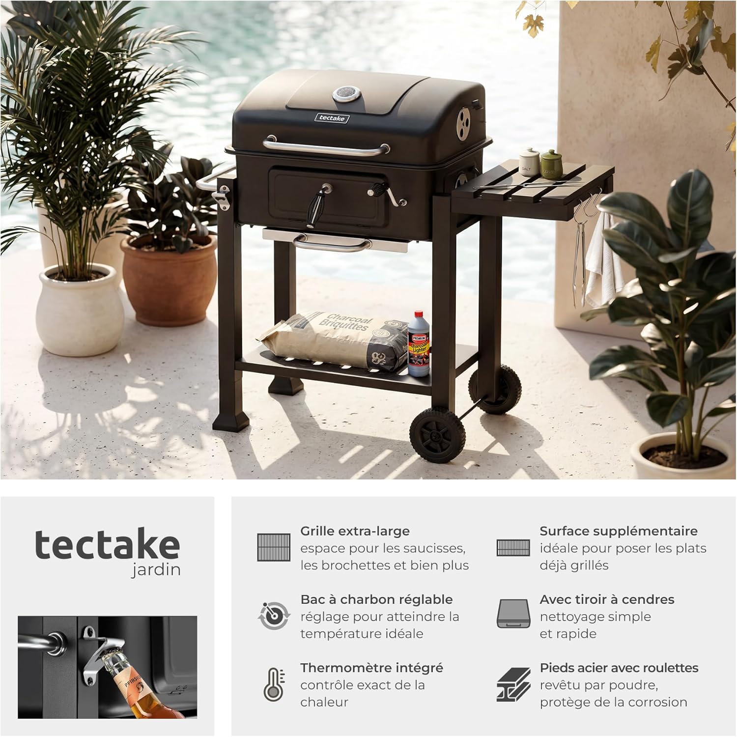 tectake - Barbecue charbon série - 110x64x104 cm, tiroir cendres, hauteur réglable