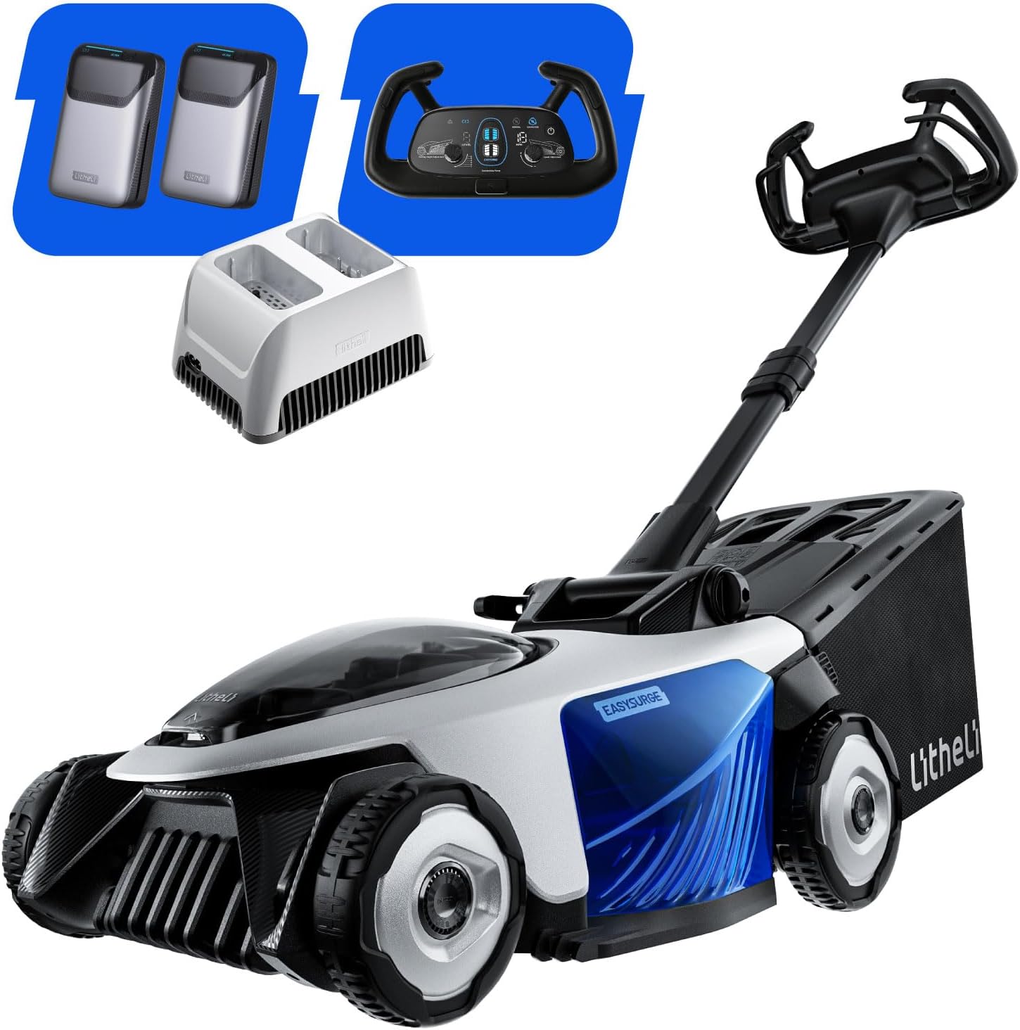Litheli - Easysurge série - 43 cm - Autotractée, 2x20V batteries, 50L bac, réglable, pour pelouses jusqu’à 500m²