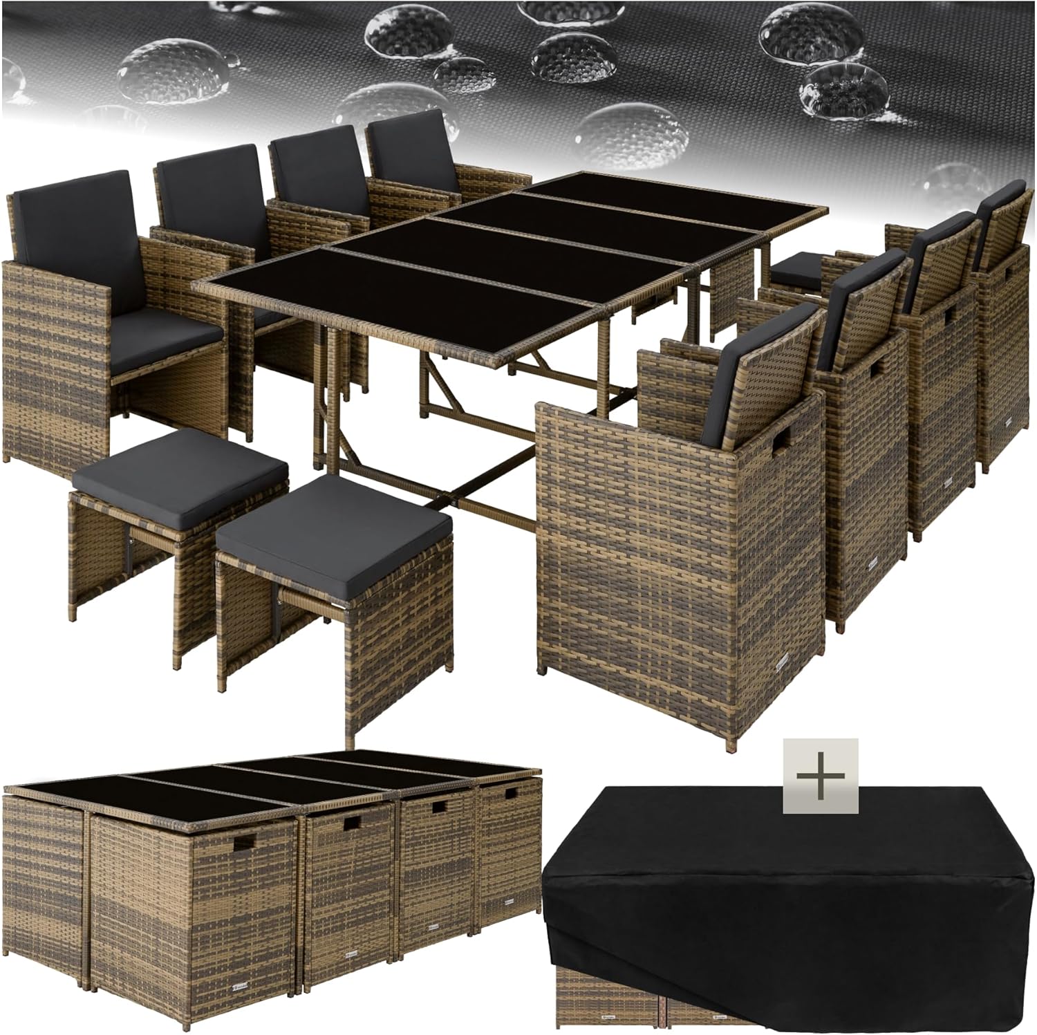 tectake - Salon en résine tressée 8 chaises, table, tabourets, pour jardin, balcon, terrasse - ensemble repas extérieur