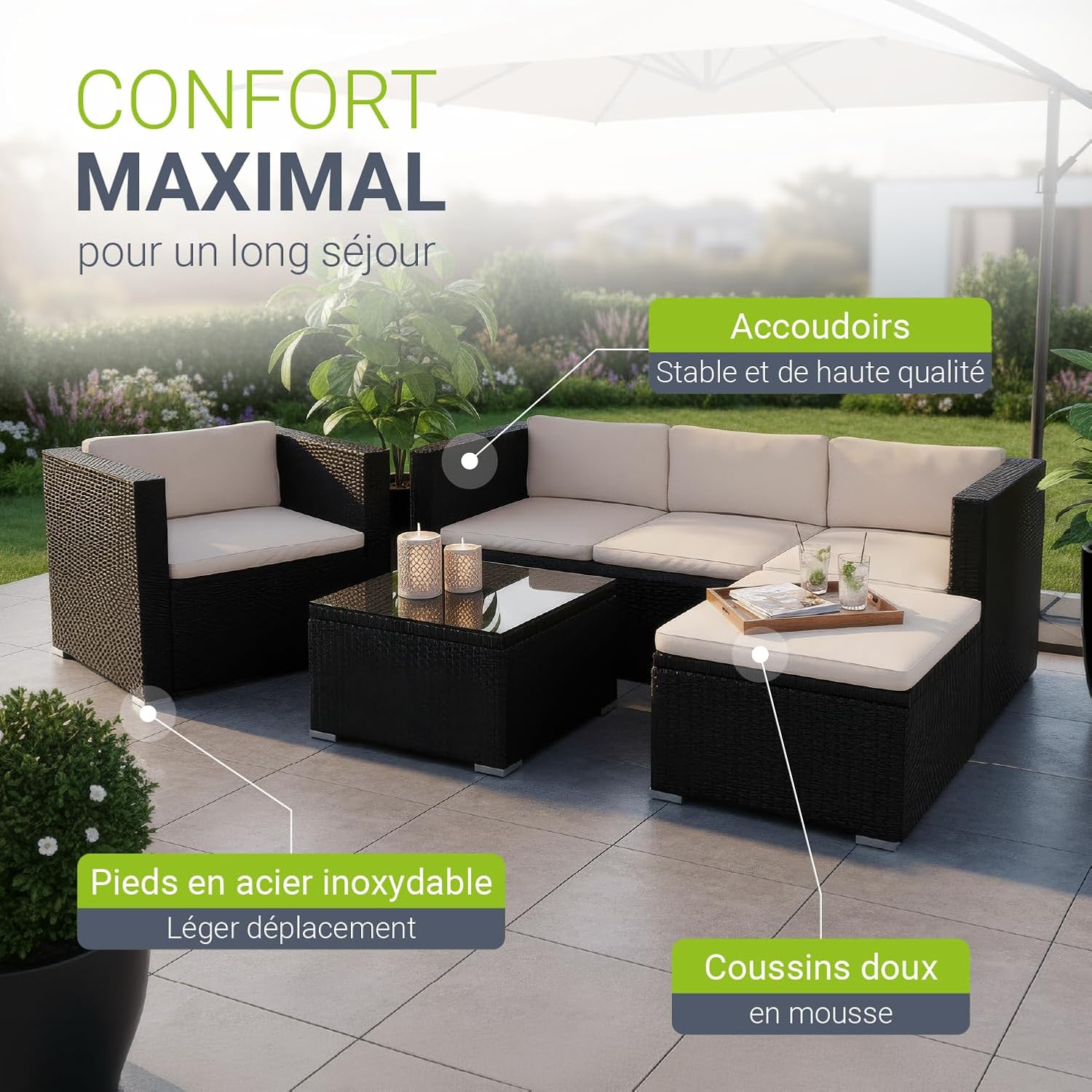 Juskys - Punta Cana L - ensemble jardin polyrotin 4-5 pers, canapé, table, coussins, résistant intempéries