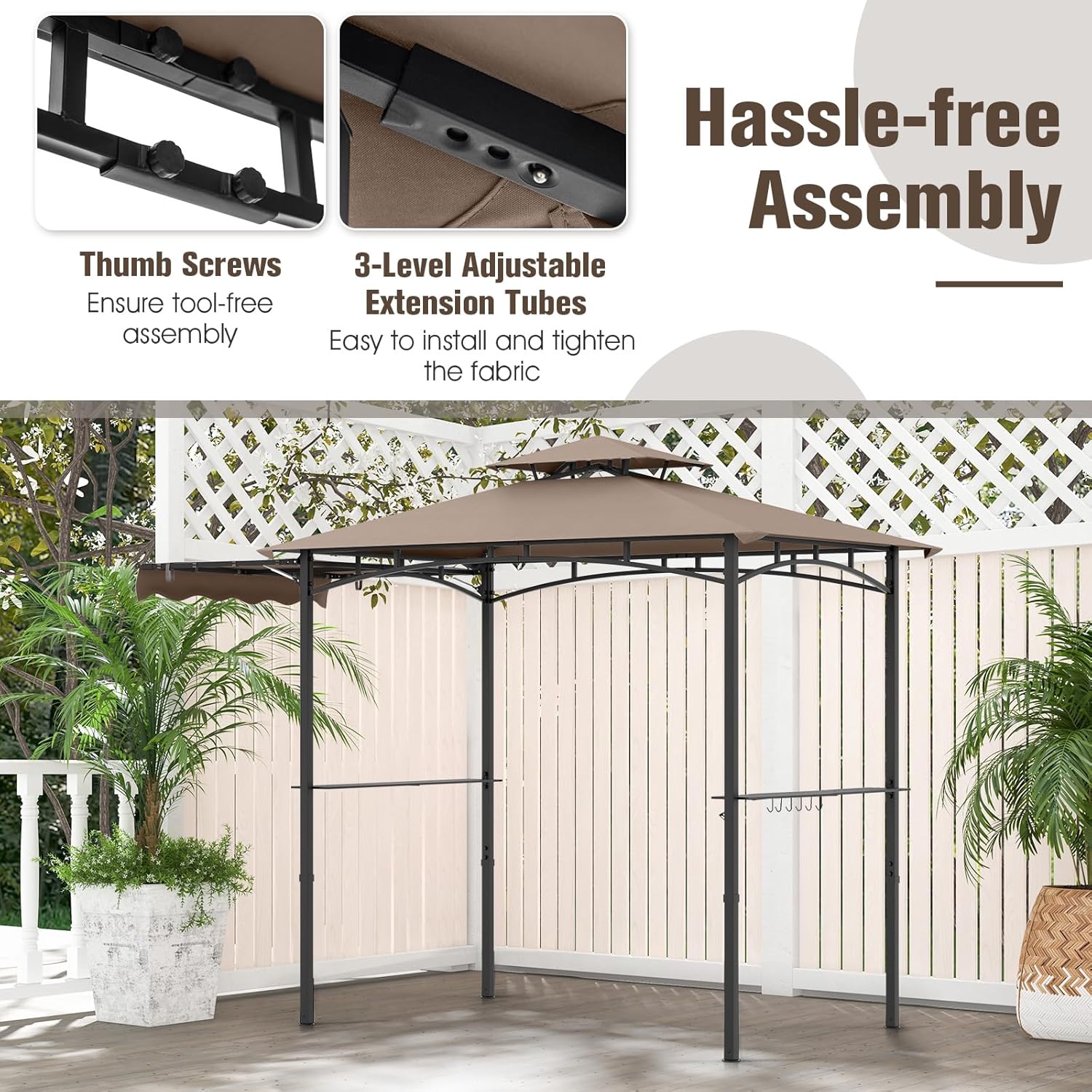 GOPLUS Tonnelle pour Barbecue avec Auvent Latéral, Abri Barbecue Extérieur avec Dessus à 2 Niveaux, Crochets, Décapsuleur, Dessus Souple, pour Jardin, Cour (242+84x153x250CM|Brun)
