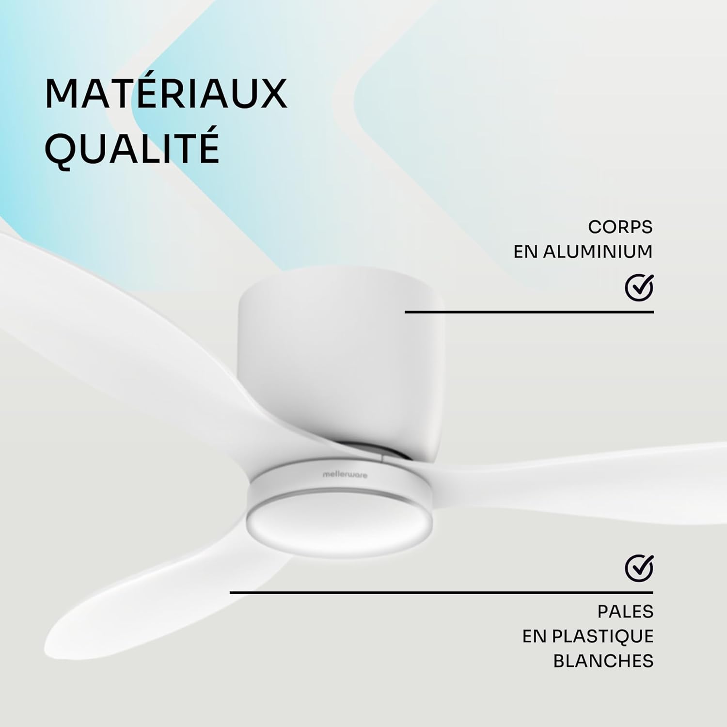 Mellerware - Ventilateur de plafond Brizy Bright Minimal 40W avec télécommande | 6 vitesses | Ultra silencieux | 3 lames 132 de diamètre | Fonction Été-Hiver | Minuterie | DIRIGÉ