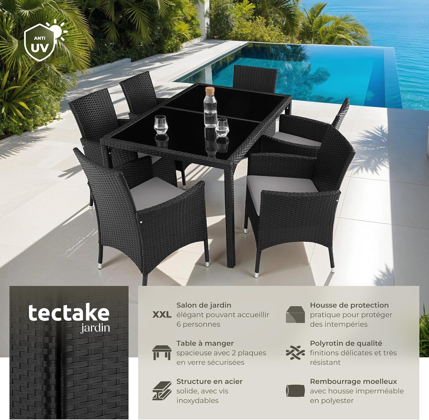 tectake - salon de jardin poly rotin, table et 6 chaises, UV résistant