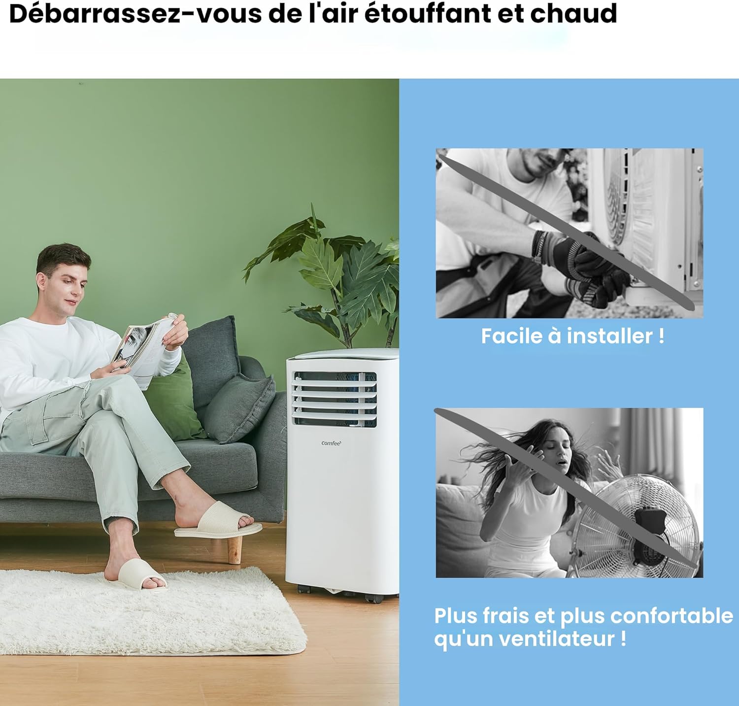 Comfee Climatiseur Mobile Portable 9000 BTU/h 2,6kW, 3-EN-1 Refroidisseur Déshumidificateur Ventilateur, Follow me, Minuterie, Mode nuit, Pour salon et maison de 33㎡/88m³, MPPH-09CRN7, EEK A, R290