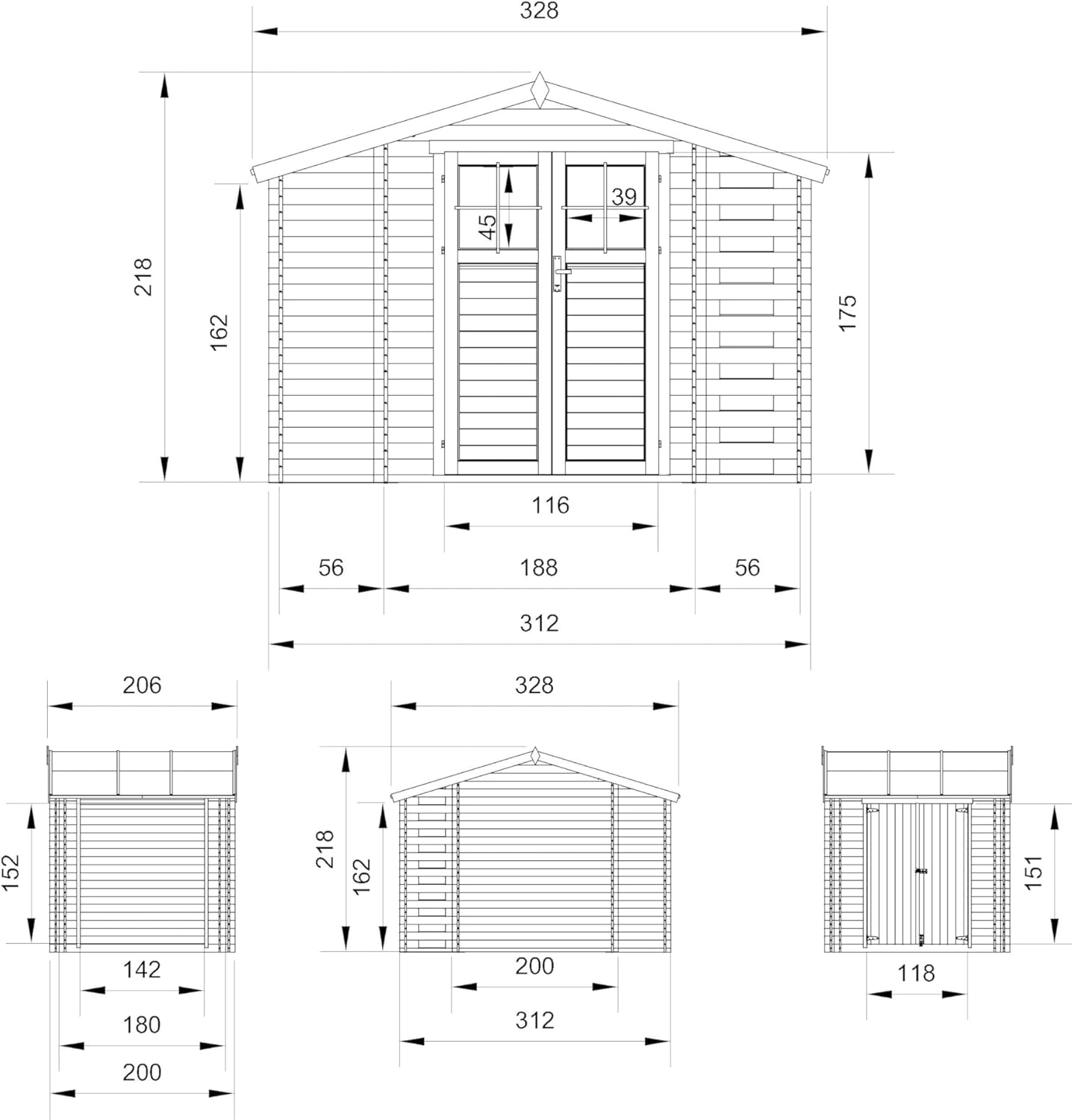 TIMBELA – abri de jardin bois avec range-bûches, 206x328x218 cm, avec sol traité – M389F+M389G