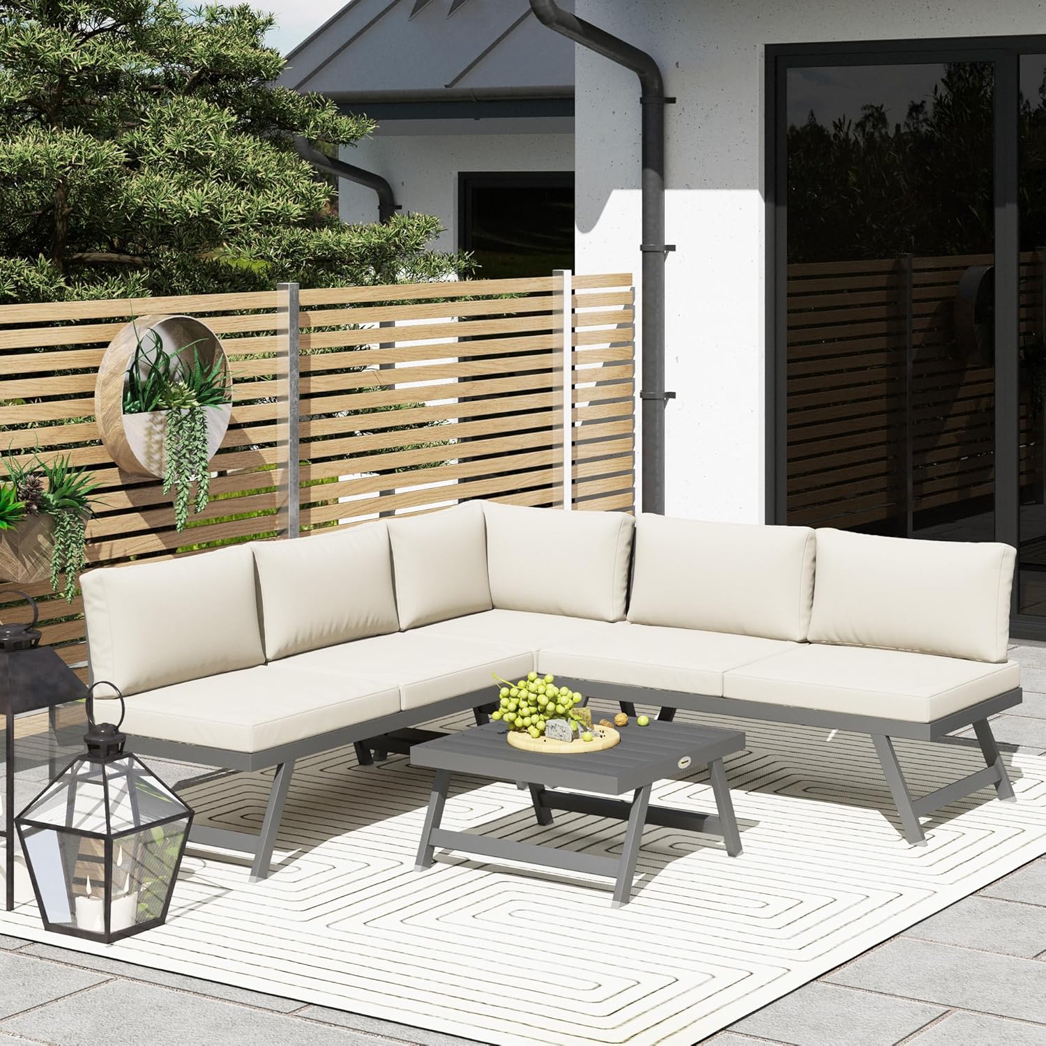 Outsunny - salon de jardin d'angle convertible 4 pcs - alu et acier, coussins, beige
