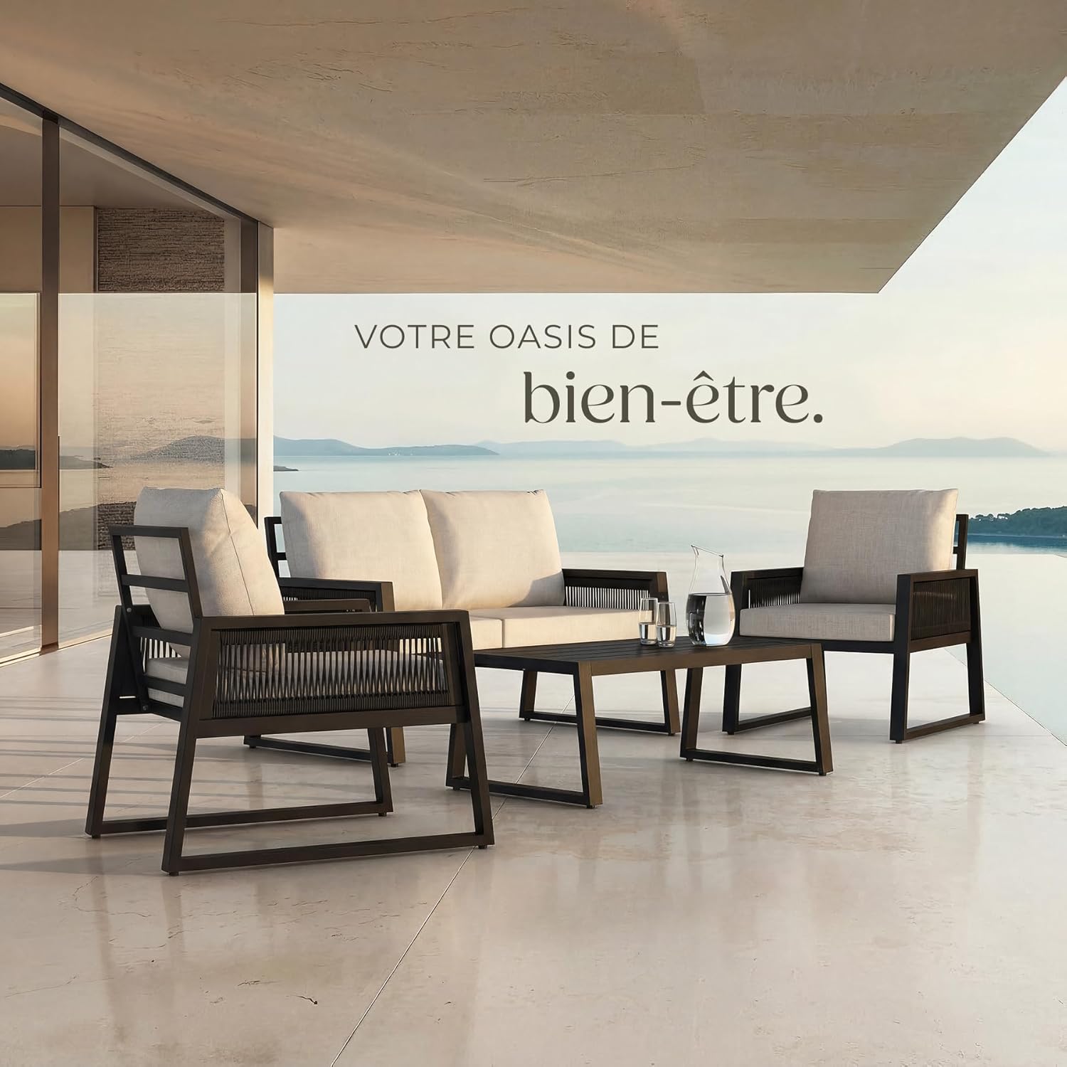 tectake - Salon jardin alu 4 places, canapé, fauteuils, table, coussins inclus