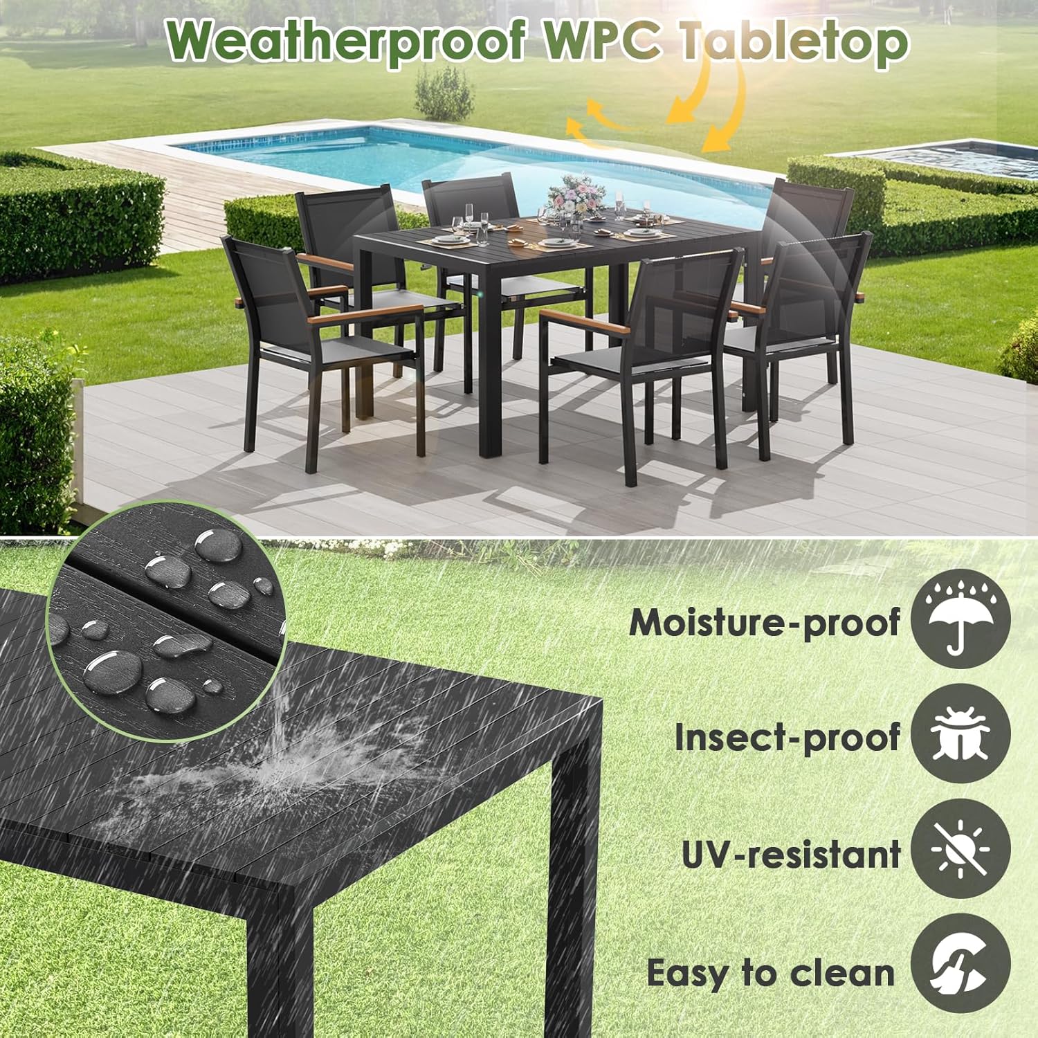 LIFERUN - Table jardin alu 140x90x75 cm WPC, 6 pers, noire