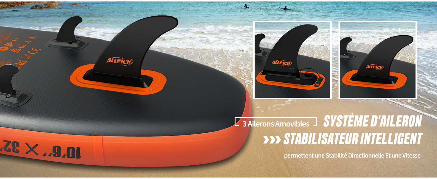 Planche à pagaie gonflable sur la plage avec des couleurs orange et noir. Comprend trois ailettes stabilisatrices et un système de stabilisation intelligent indiquant un texte