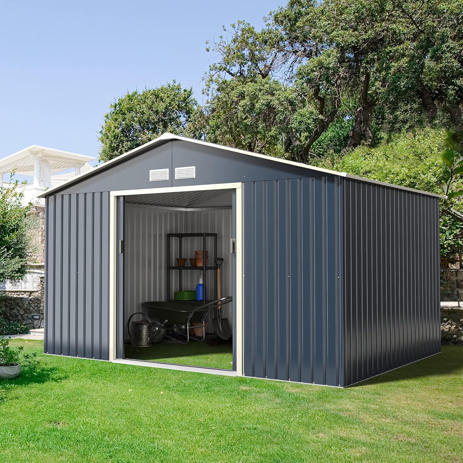 COSTWAY - abri de jardin métal, 340x255x210cm, 2 portes, aération, toit pentu