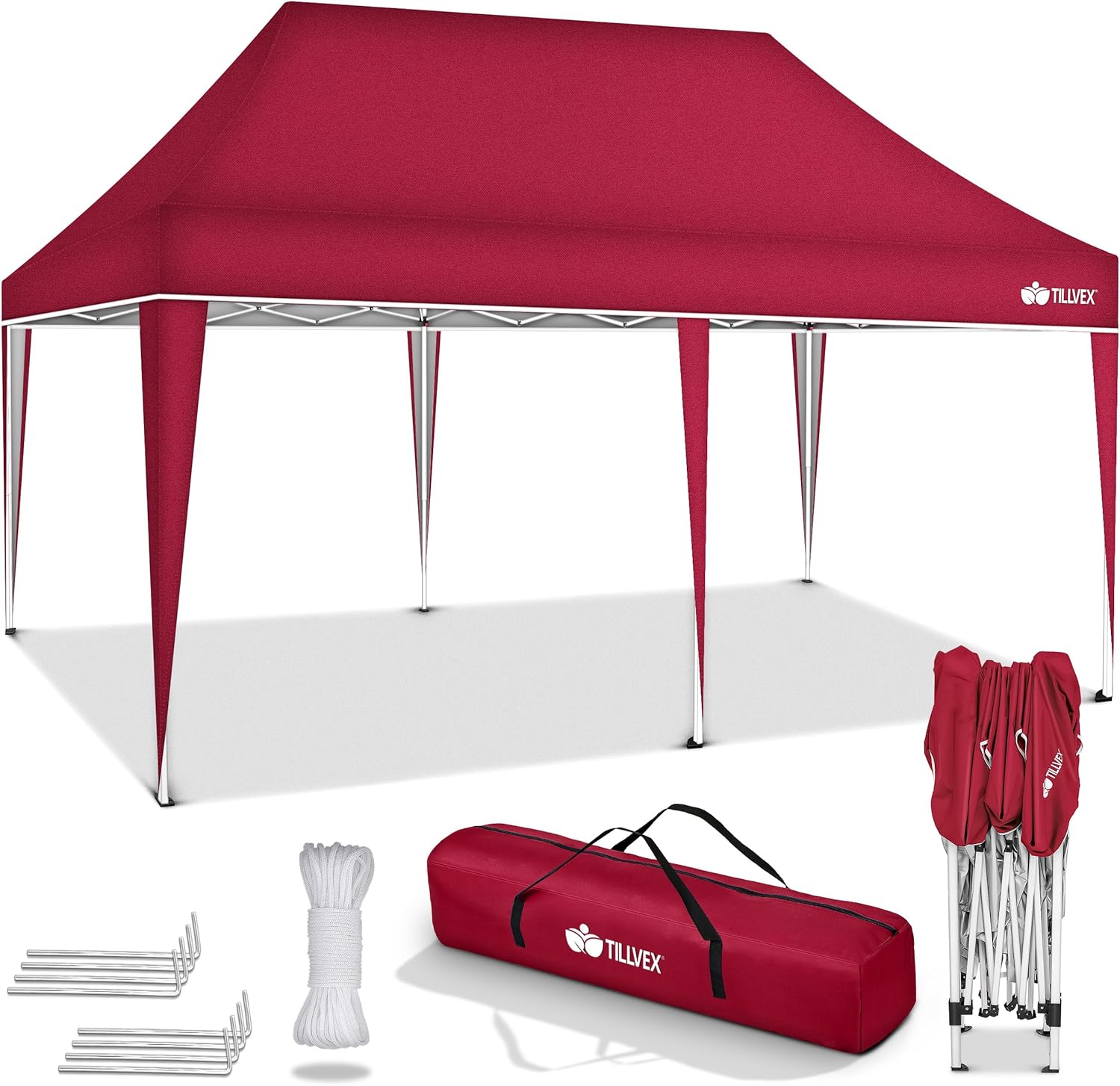 Tillvex - Tonnelle de jardin pop-up, étanche, pliable, réglable 3x6 m, UV 50+ avec sac - ROUGE.