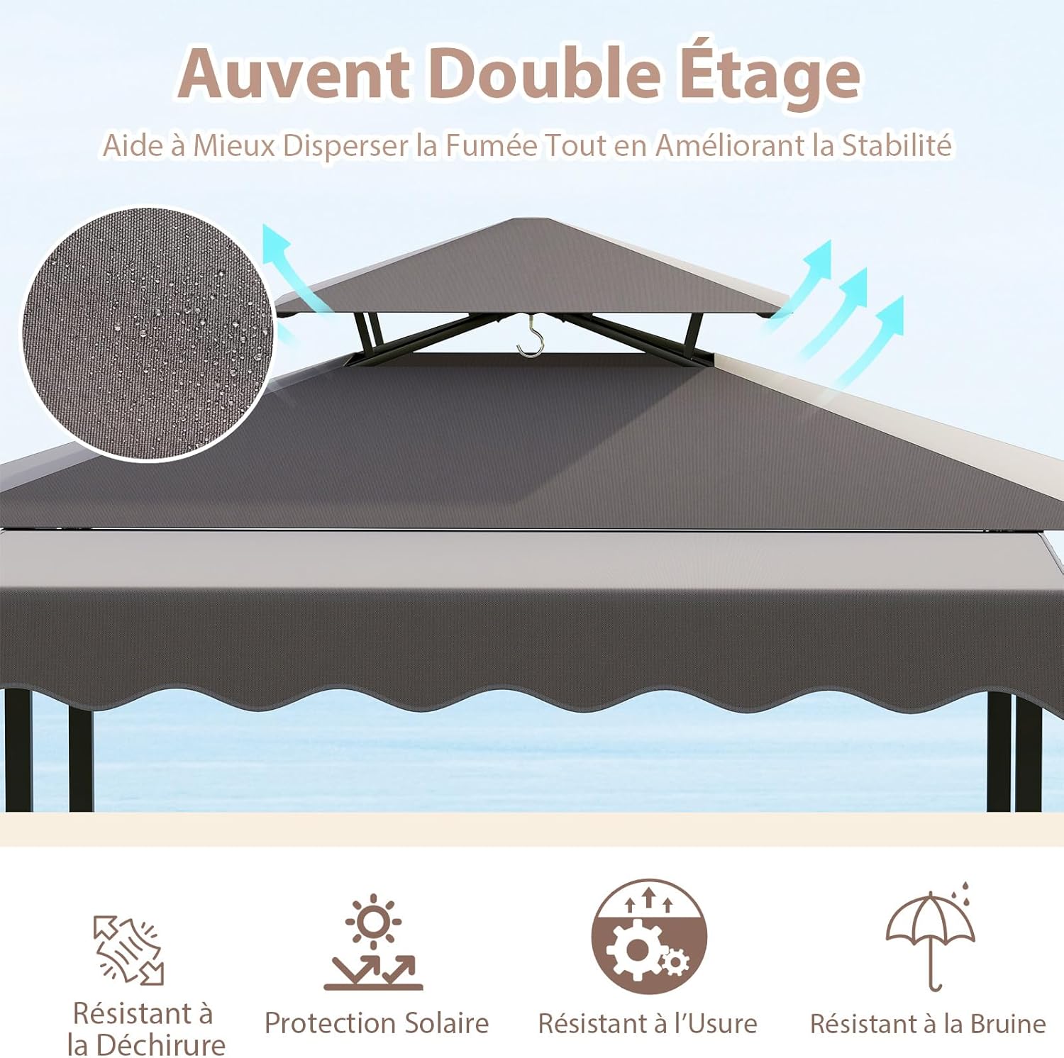 COSTWAY - Tonnelle barbecue 3 pcs - table/bar étagères métal, chaises pliables, auvent double toit, gris