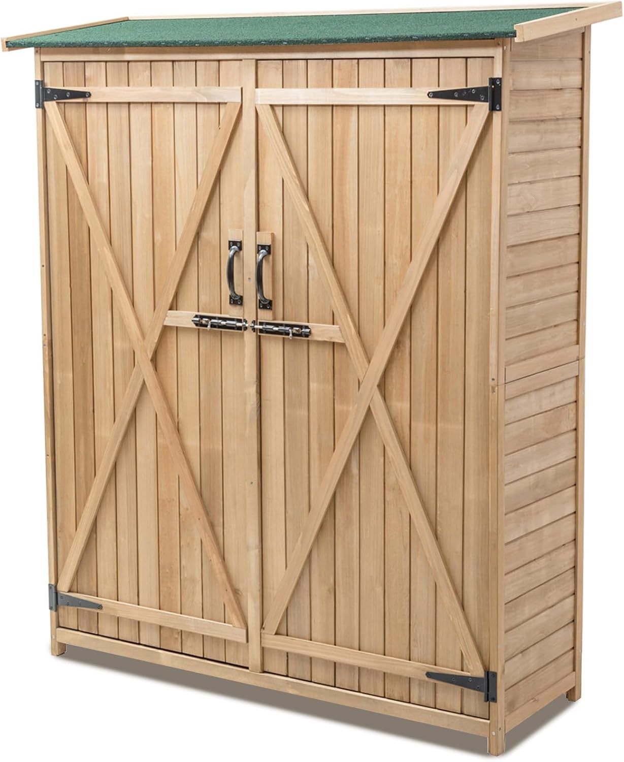 RELAX4LIFE Abri de Jardin en Bois 140x50x162 cm, Abri à Outils avec Toit en Asphalte Incliné, Portes et Étagères Double Fermeture, Meuble de Rangement pour Extérieur Arrière-Cour Patio Pelouse