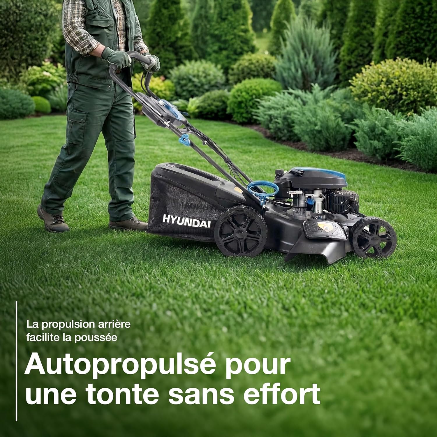 Hyundai - tondeuse autotractée 56cm, démarrage électrique, 196cc, 8 hauteurs de coupe, bac 70L