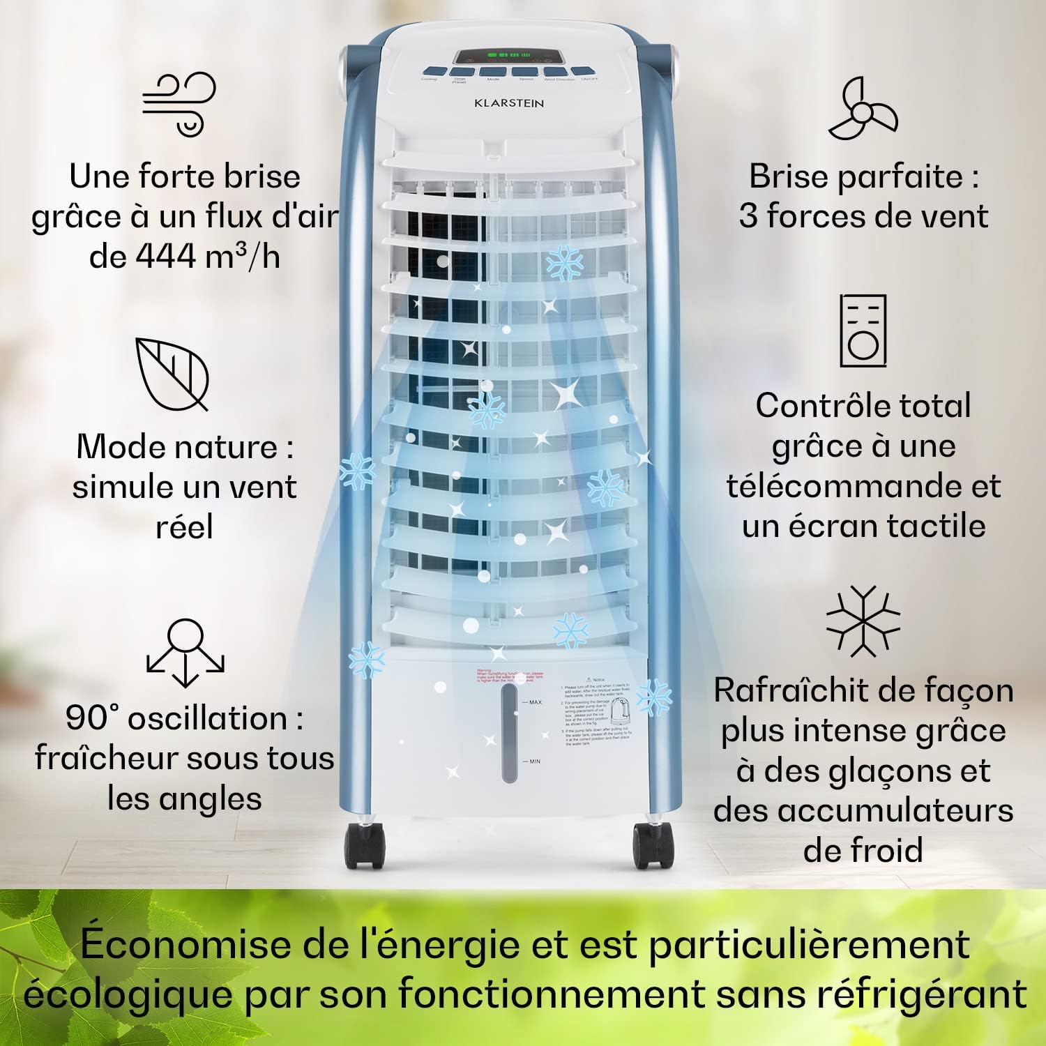 Klarstein Rafraichisseur d'Air 4 en 1, Climatiseur Portable, Humidificateur, Ventilateur, Ioniseur, Climatiseur Mobile Sans Évacuation, Pack Glacons, Réservoir 6L, 65W, Puissant Débit d'Air 444m³/h