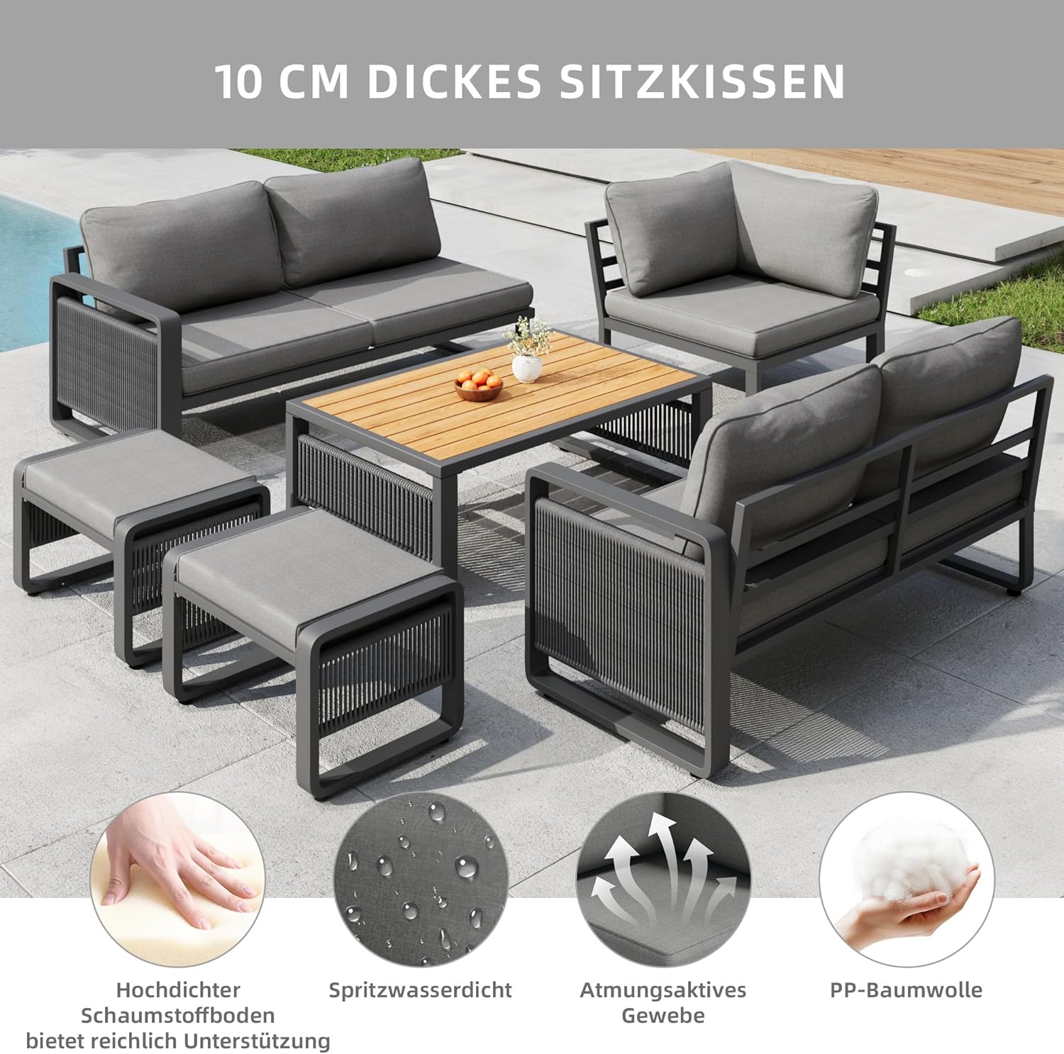 Sapgaks - Ensemble salon jardin corde 6-7 pers, coussins moelleux, pieds réglables, gris