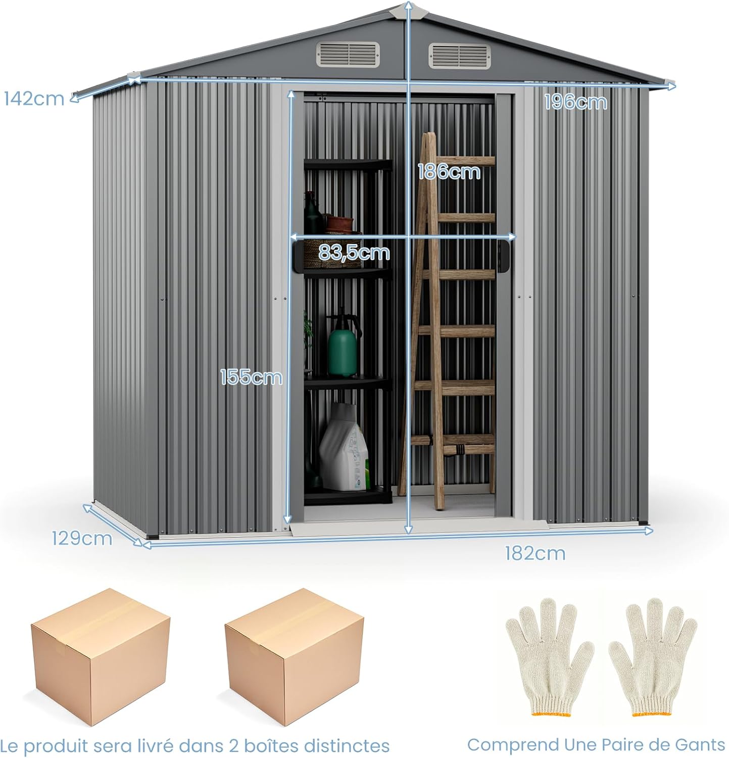 COSTWAY - Abri jardin métal galvanisé - 3,7m³ - double porte, aération, rampe