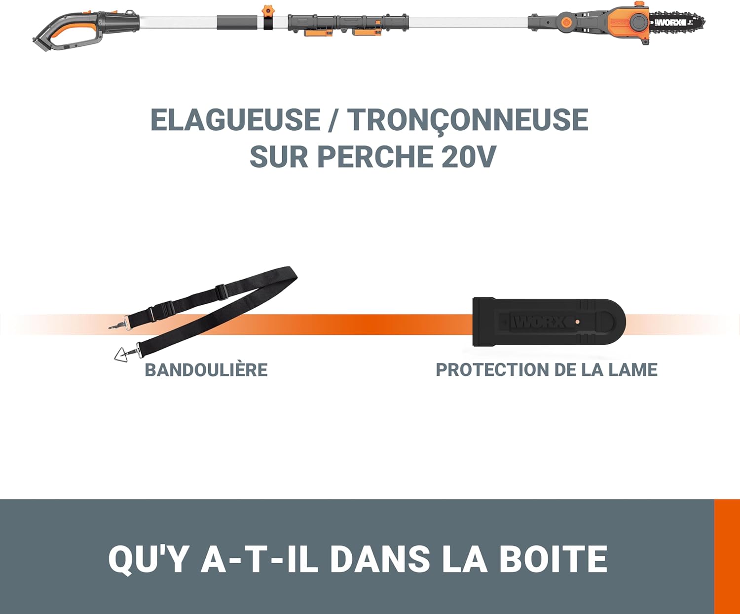 WORX - tronçonneuse élagueuse 20V - guide 20cm - manche télescopique, coupe 3,6m, harnais, WG349E.9