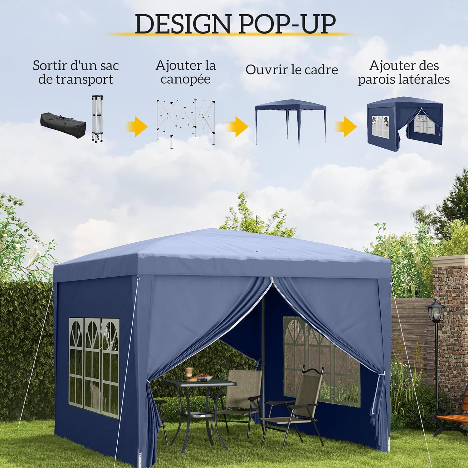 Outsunny - tonnelle pop-up série extérieure - 3x3 m - 4 parois amovibles, sac de transport