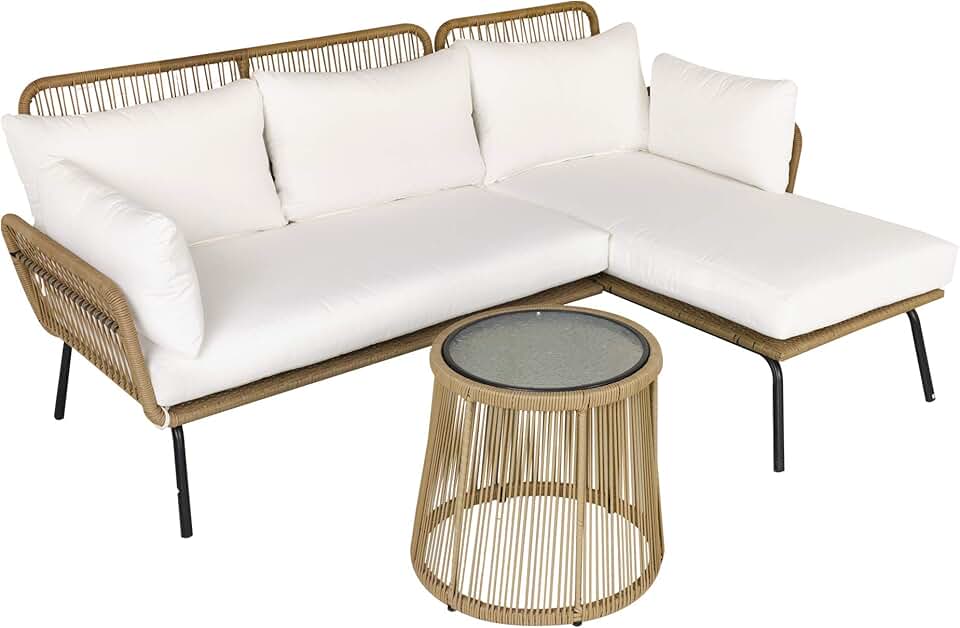Outsunny - salon de jardin d'angle 4 places résine tressée - table basse, coussins confort, crème