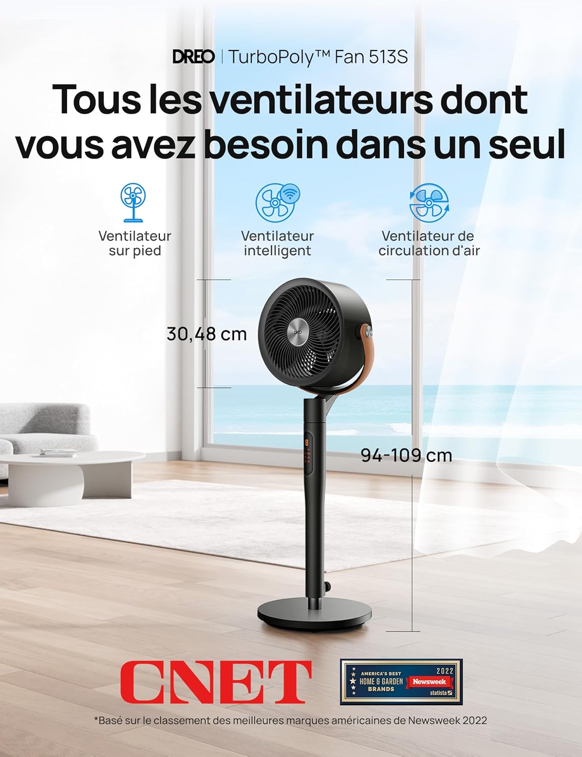 DREO - Smart Ventilateur sur Pied - Silencieux 25dB, 8 vitesses, Alexa, portée 30m