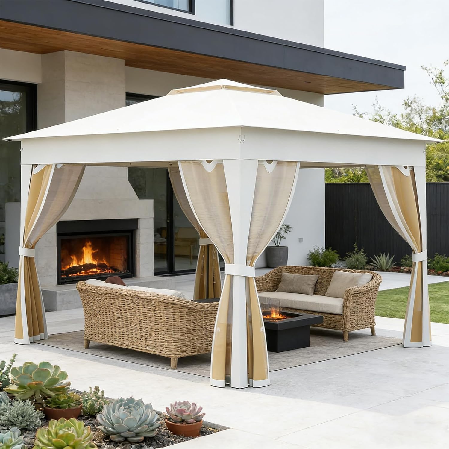 RELAX4LIFE Tonnelle Pliante 3x3 avec Moustiquaires, Tonnelle de Jardin Exterieur Facile à Monter, Toit Ventilé Argenté, Protection Solaire, Sac Inclus, Pavillon de Jardin pour Terrasse Patio, Beige