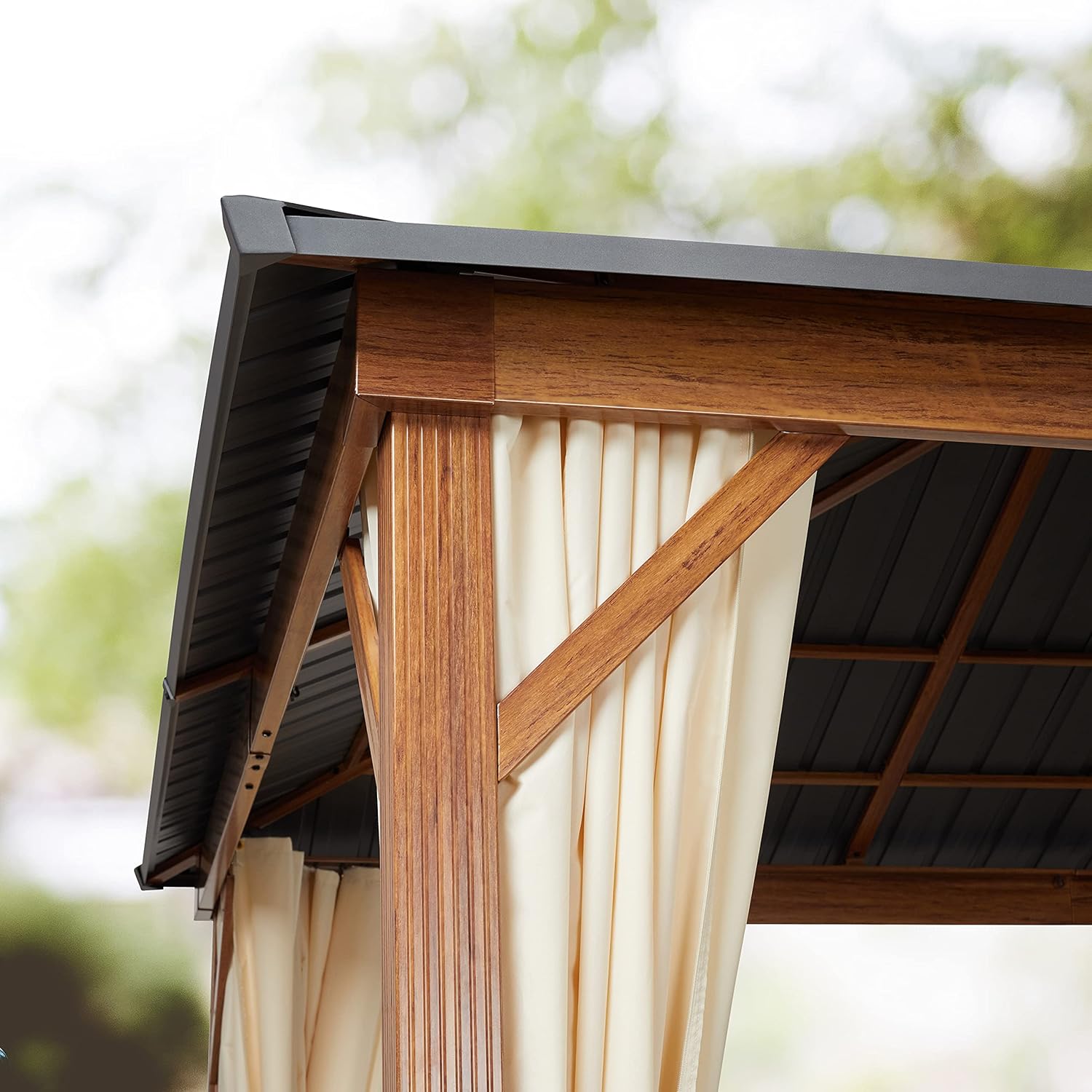 TOOLPORT - tonnelle de jardin série aspect bois 3x4m toit acier, 4 parois, champagne