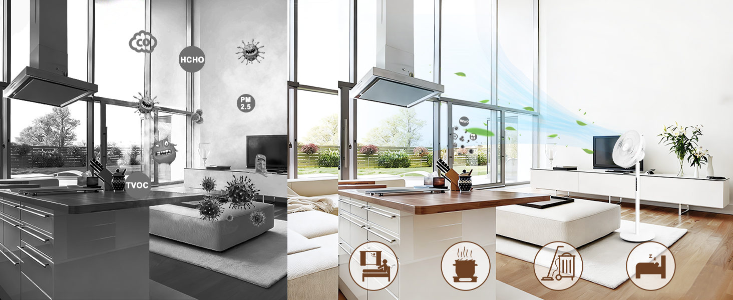 Espace intérieur moderne et minimaliste avec des fenêtres allant du sol au plafond, des murs blancs, du parquet, une cheminée centrale avec des plantes et un agencement de mobilier contemporain présentant un design lumineux et ouvert.