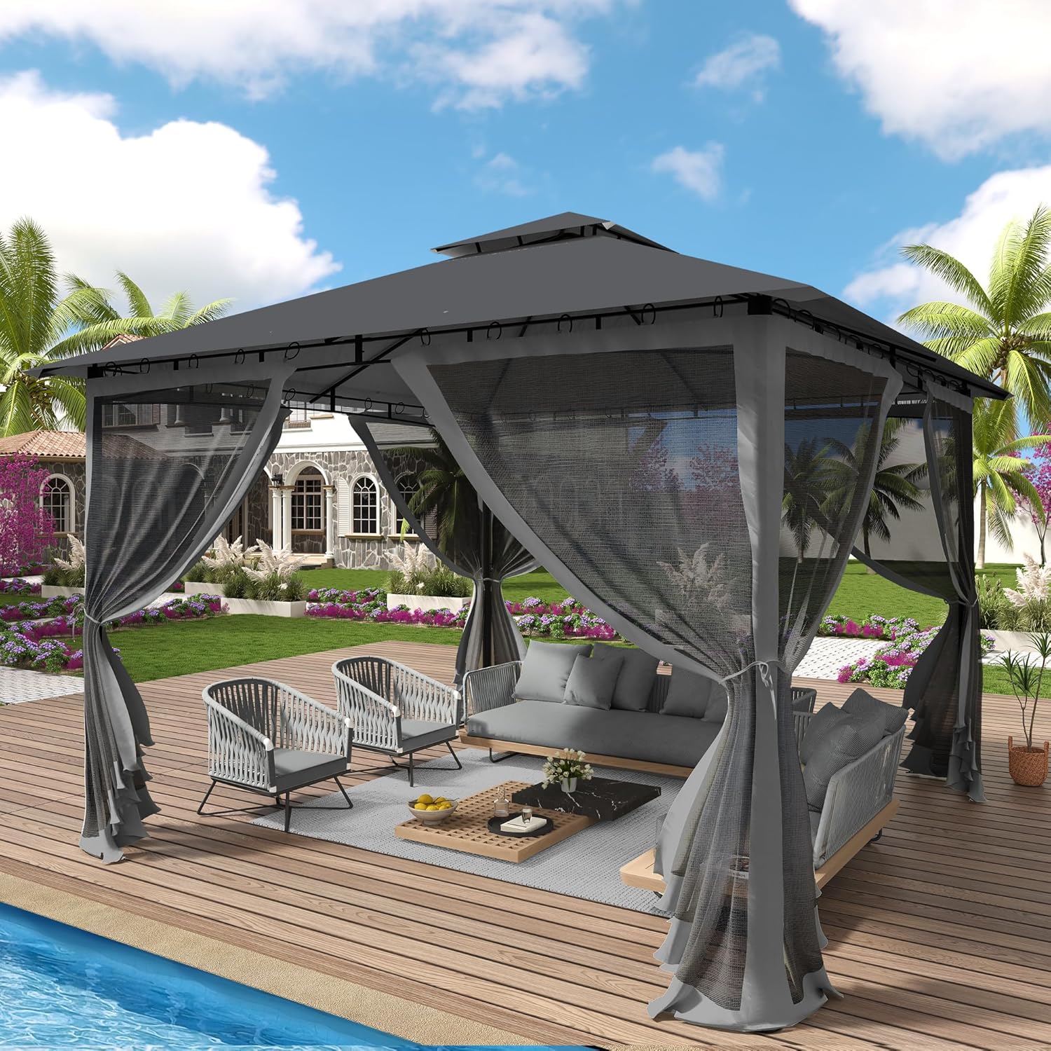 UDPATIO - Double Toit, 3.4x3.4m - Métallique, moustiquaire, gris