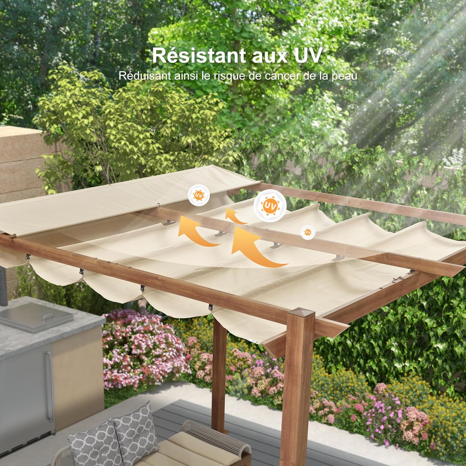 PURPLE LEAF - pergola aluminium - 3x3m - teck, toile rétractable, kaki
