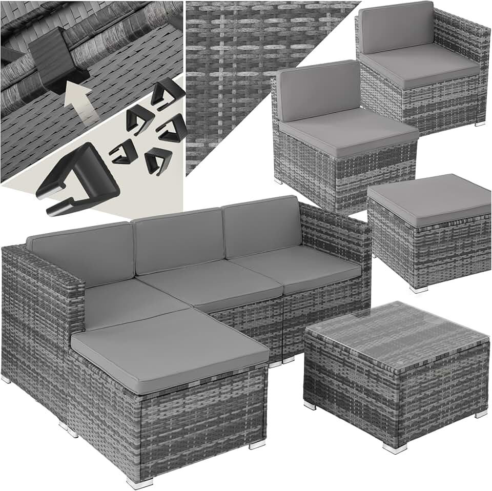 tectake - Salon de jardin modulable 4 places, poly rotin, table et poufs