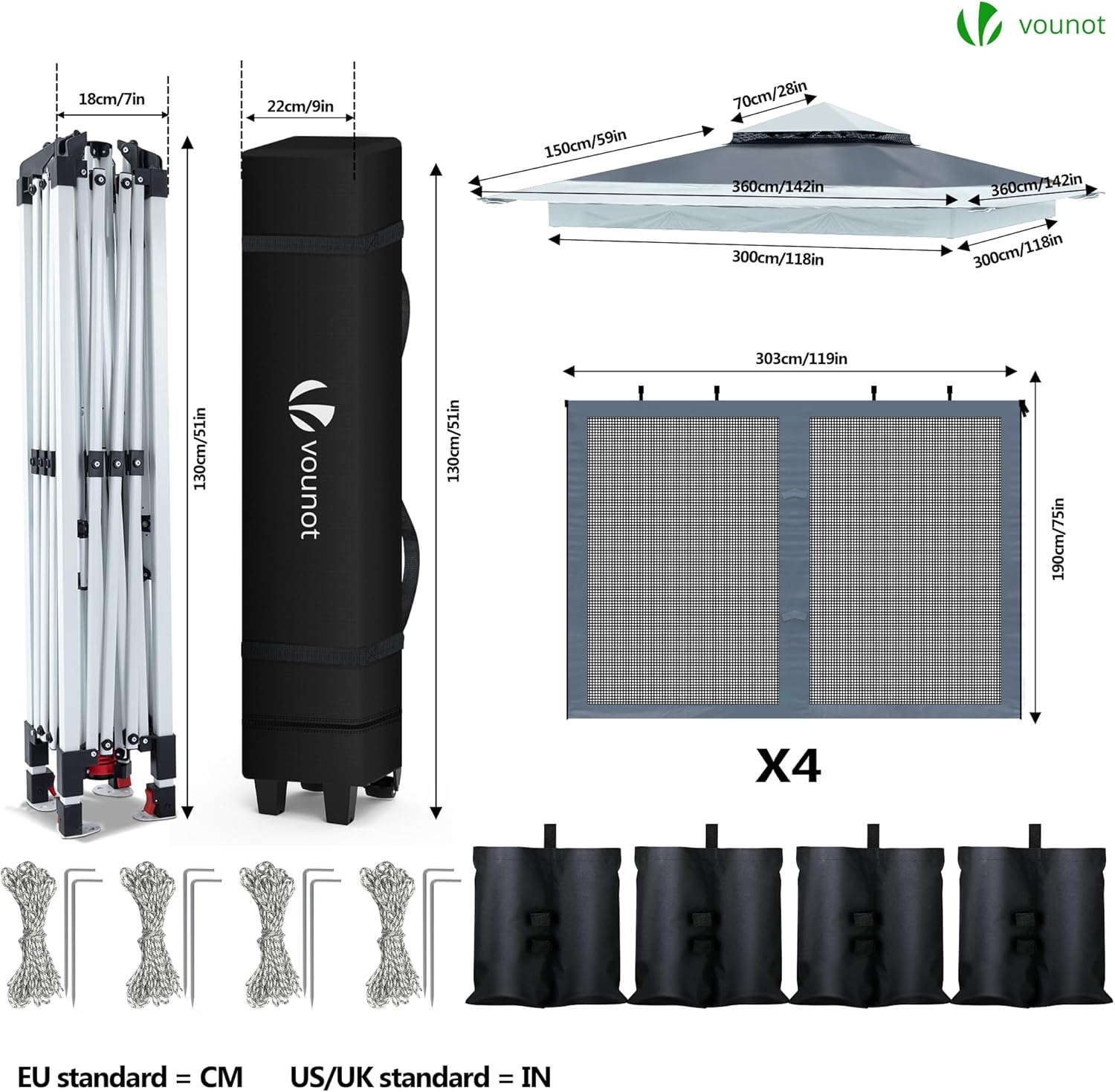 VOUNOT - tonnelle pop up - 3.6x3.6m - moustiquaire, anti-UV, acier