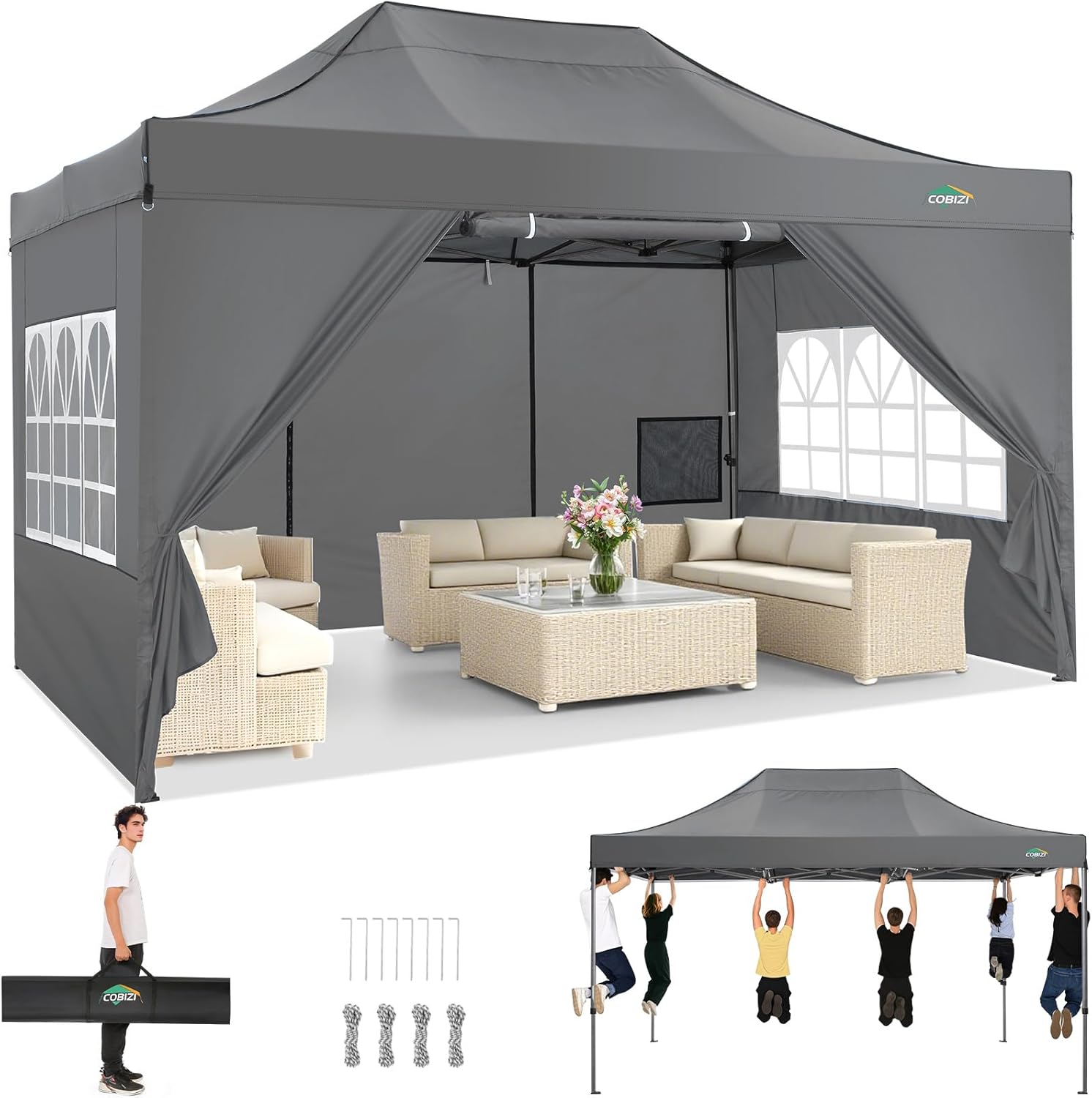 COBIZI - Tonnelle pliante série - 3x4,5m - étanche, UV50+, 4 panneaux