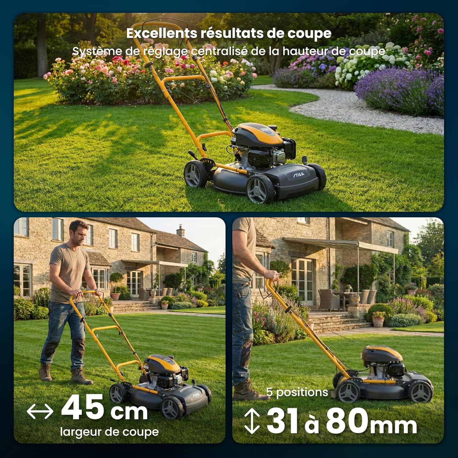 STIGA Multiclip 47 S Tondeuse à Essence, Tondeuse à Gazon broyeuse automotrice avec Moteur 123 CC, Plateau de Coupe 45 cm, 5 tondeuses Thermiques, Guidon Ergonomique Rabattable.