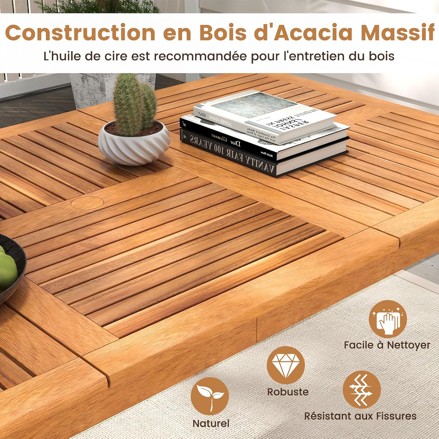 GOPLUS - table de salle à manger extérieur - 90x170 cm - bois acacia, 6-8 pers, trou parasol intégré, charge 160 kg