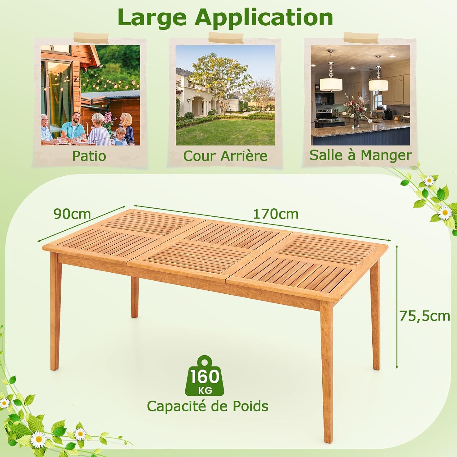Costway - Table en bois d’Acacia, 170x90 cm, trou pour parasol 5 cm, 6 personnes