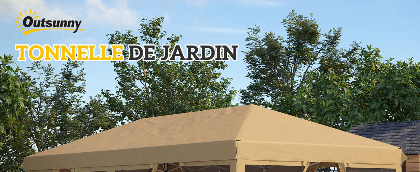 de marque Outsunny de couleur beige, représenté contre des arbres dans un jardin.