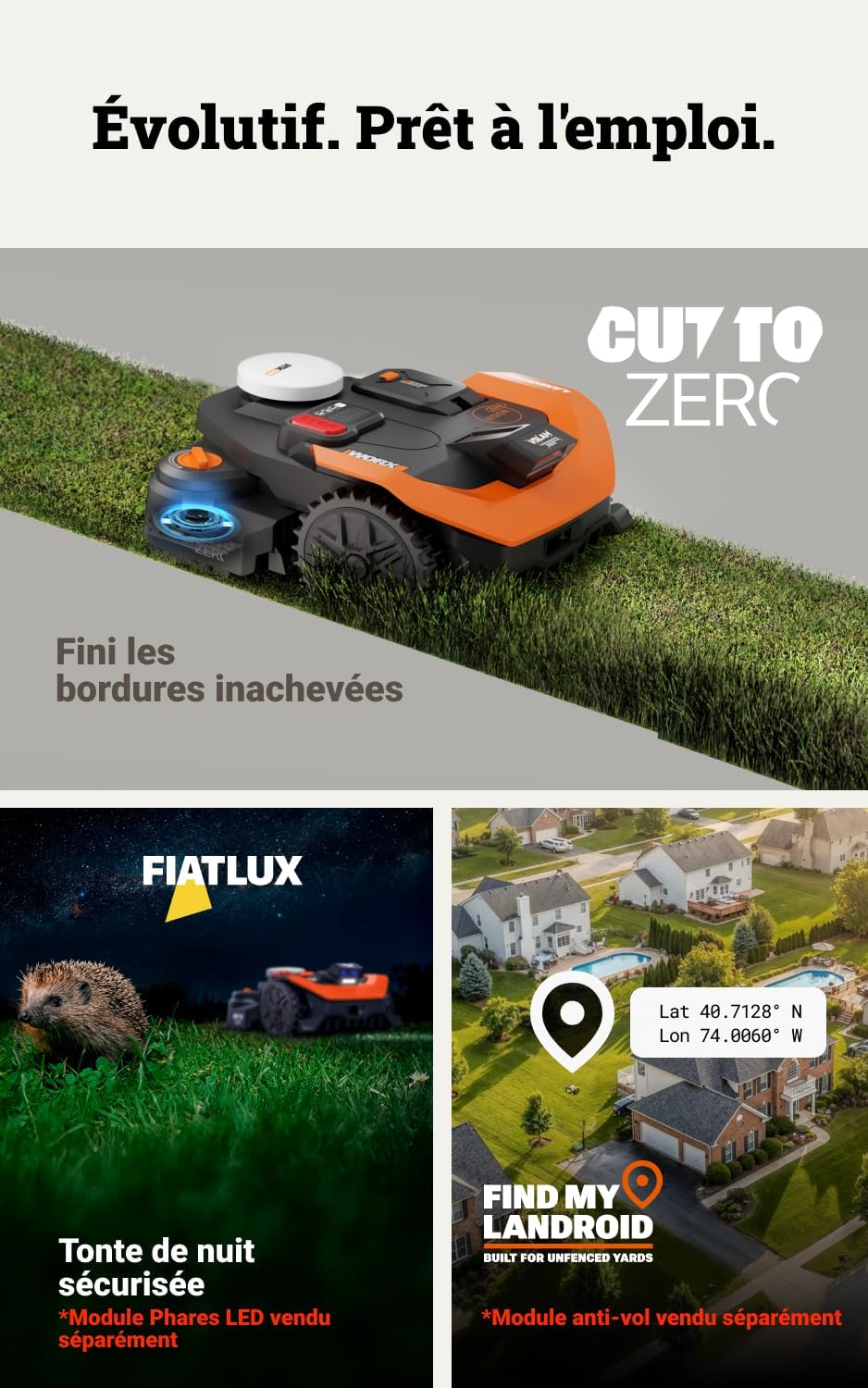 WORX - Vision Cloud série - 1200 m² - tondeuse robot IA, VSLAM, RTK, WR312E