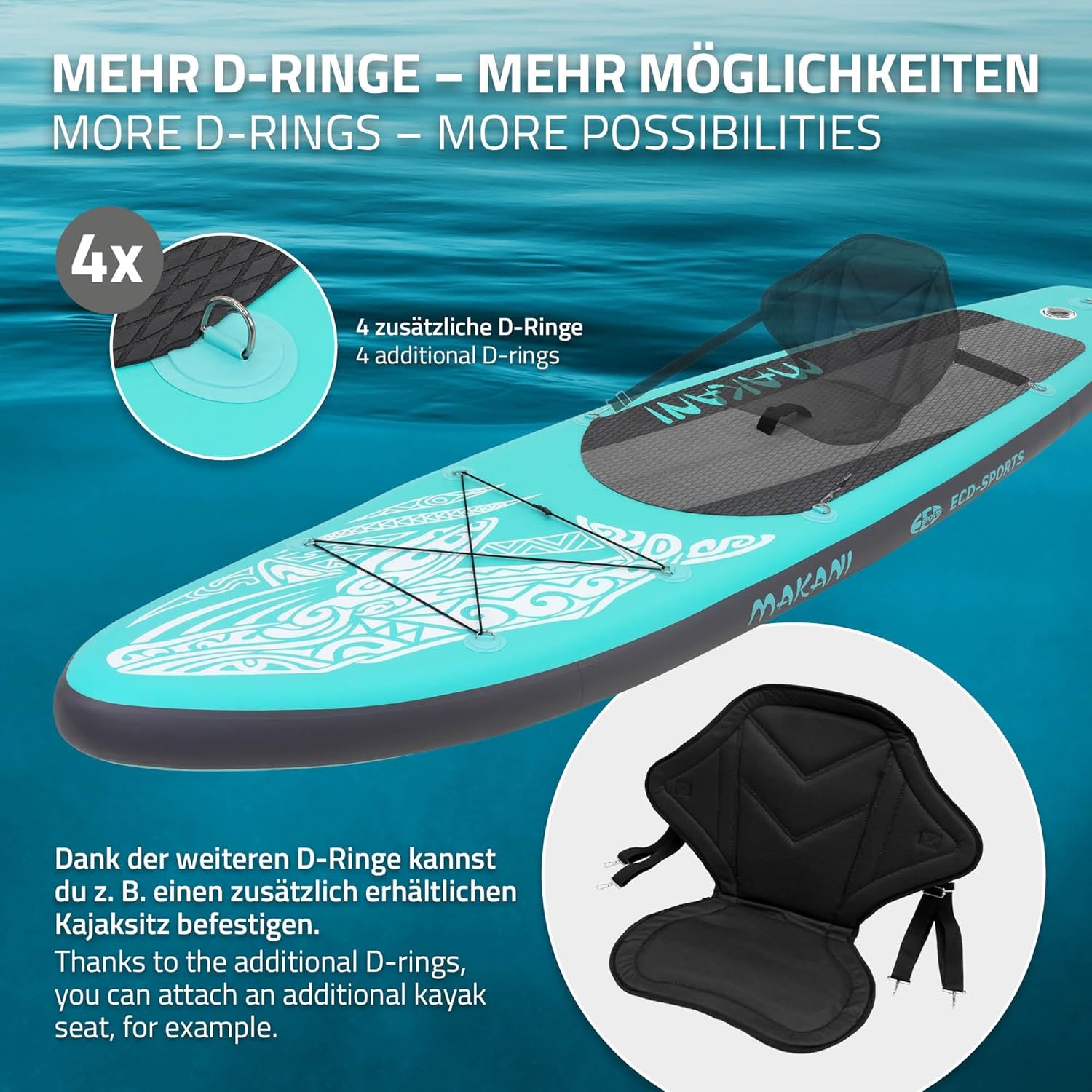 ECD Germany - Stand Up Paddle Board - 305/308/320/380 cm - PVC, jusqu’à 150 kg, 10/15 cm, sac, pompe