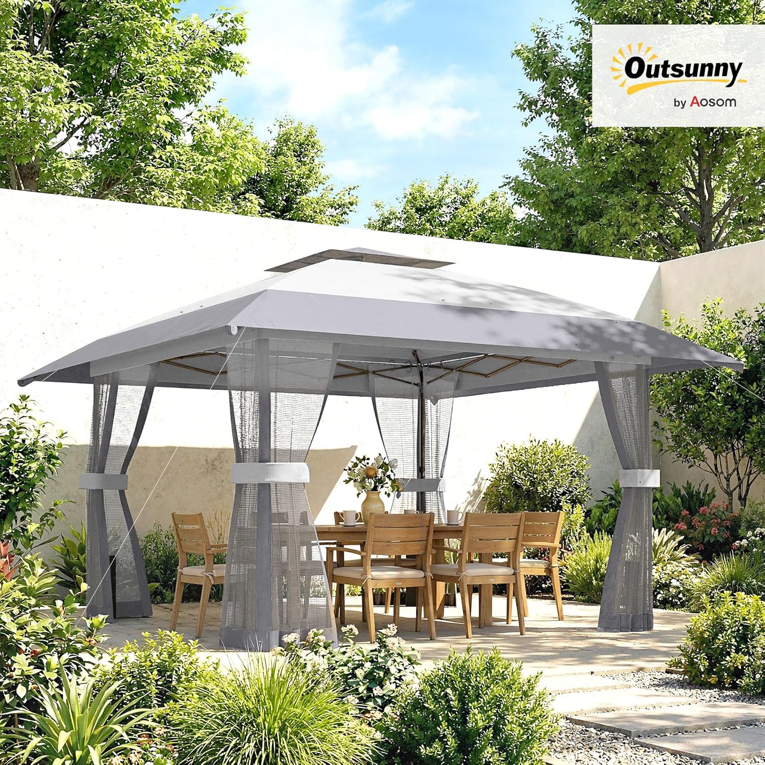Outsunny Tonnelle de Jardin 4 x 4 m Pop up Tente Pliante réglable en Hauteur Protection UV30+ tonnelle Pliante avec Double Toit 4 parois en Maille 4 Sacs de Sable Sac de Transport Montage Facile Gris