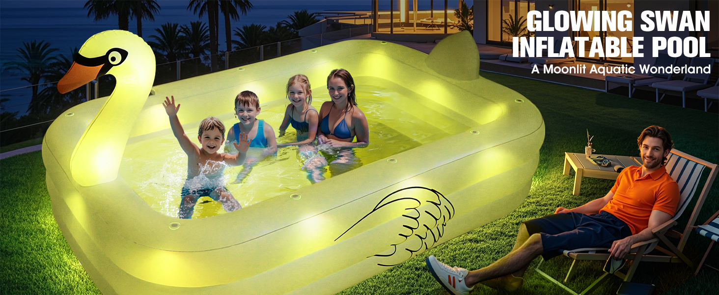 Le texte indique « CYGNE BRILLANT » et « PISCINE GONFLABLE ». L'image montre un flotteur de piscine gonflable jaune luminescent en forme de cygne avec des personnes en arrière-plan.
