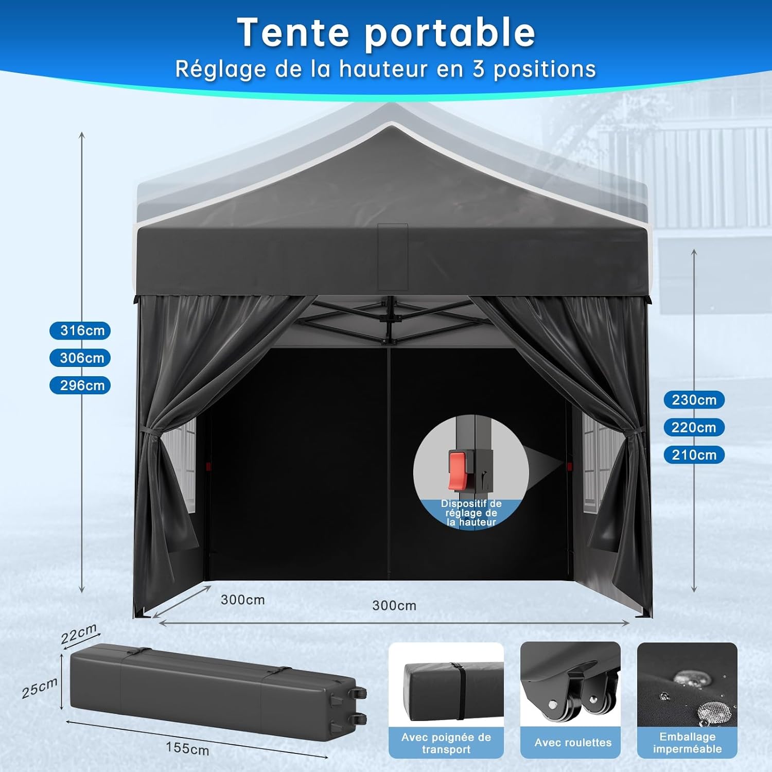 Devoko - tonnelle pliante - 3x3m - imperméable, UV50+, hauteur réglable, panneaux latéraux
