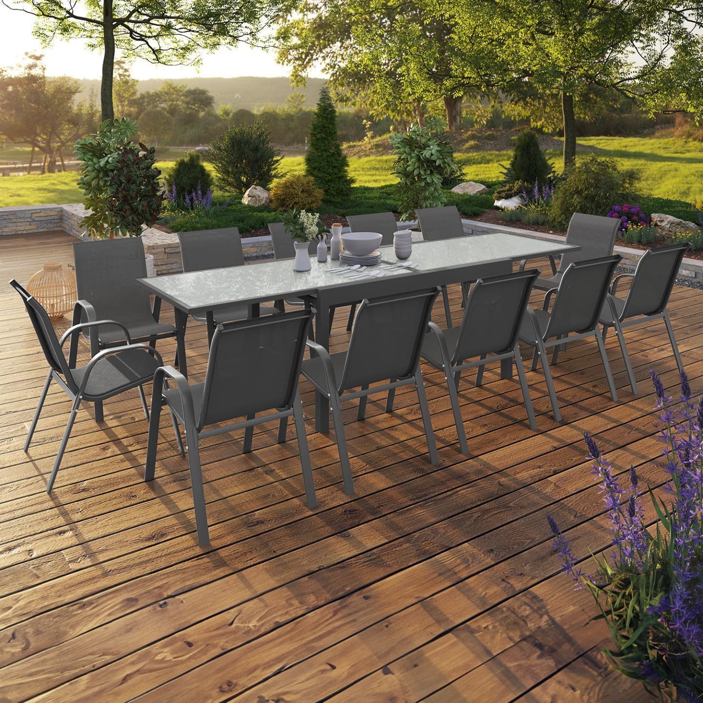 IDMarket - Madrid salon jardin, table extensible 135-270 cm, 12 chaises empilables, gris anthracite