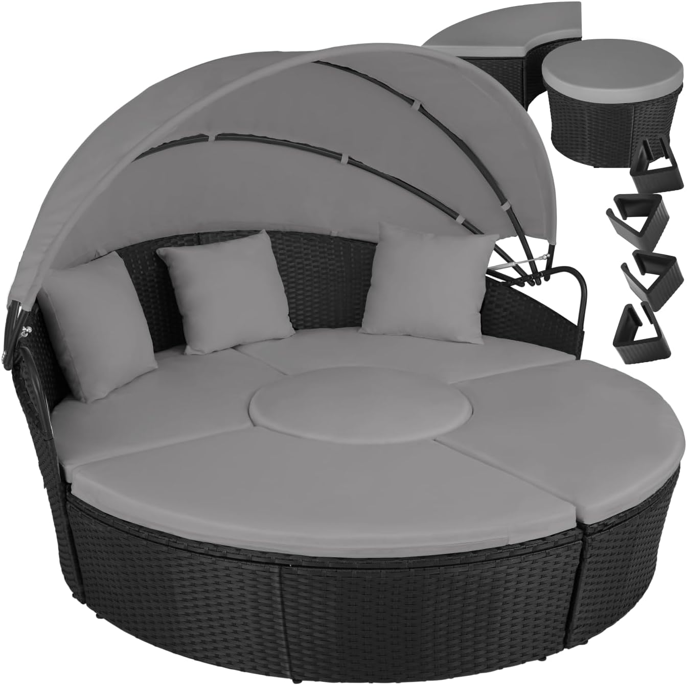 tectake - Bain de soleil modulable résine tressée, coussins, pare-soleil, dimensions relax pour jardin terrasse