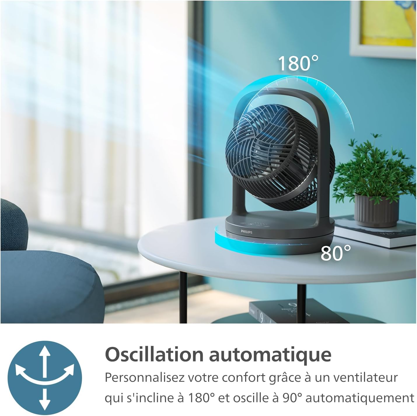 Philips Ventilateur de Table Oscillant Série 3000. Puissant & Silencieux Technologie SilentWings. 23dB. Circulation de l'air. Réglable à 180°. Pour Chambre, Maison et Bureau. Noir (CX3050/01)